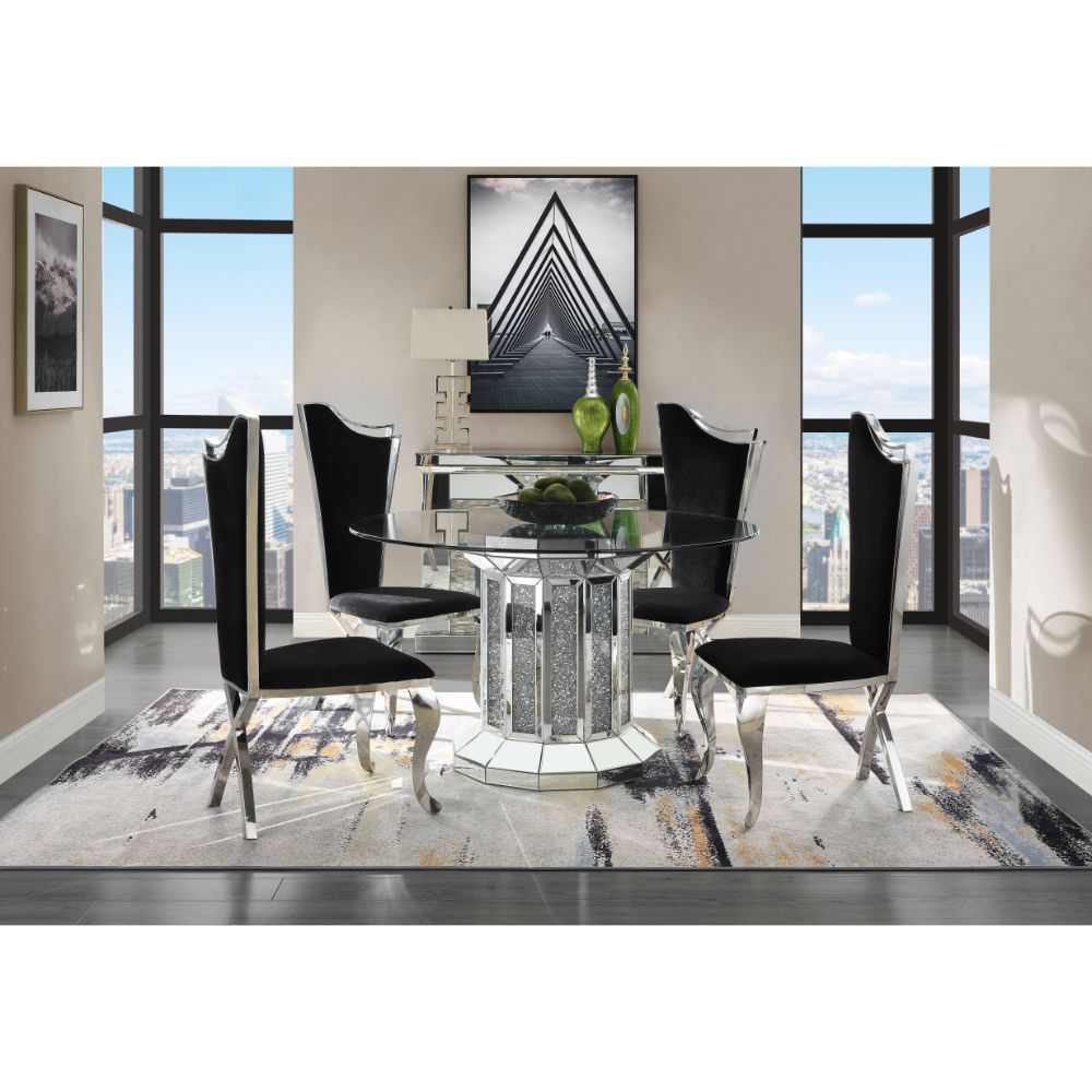ACME Noralie - Dining Table - Mirrored & Faux Diamonds - Wood - 30" | Meri Furniture