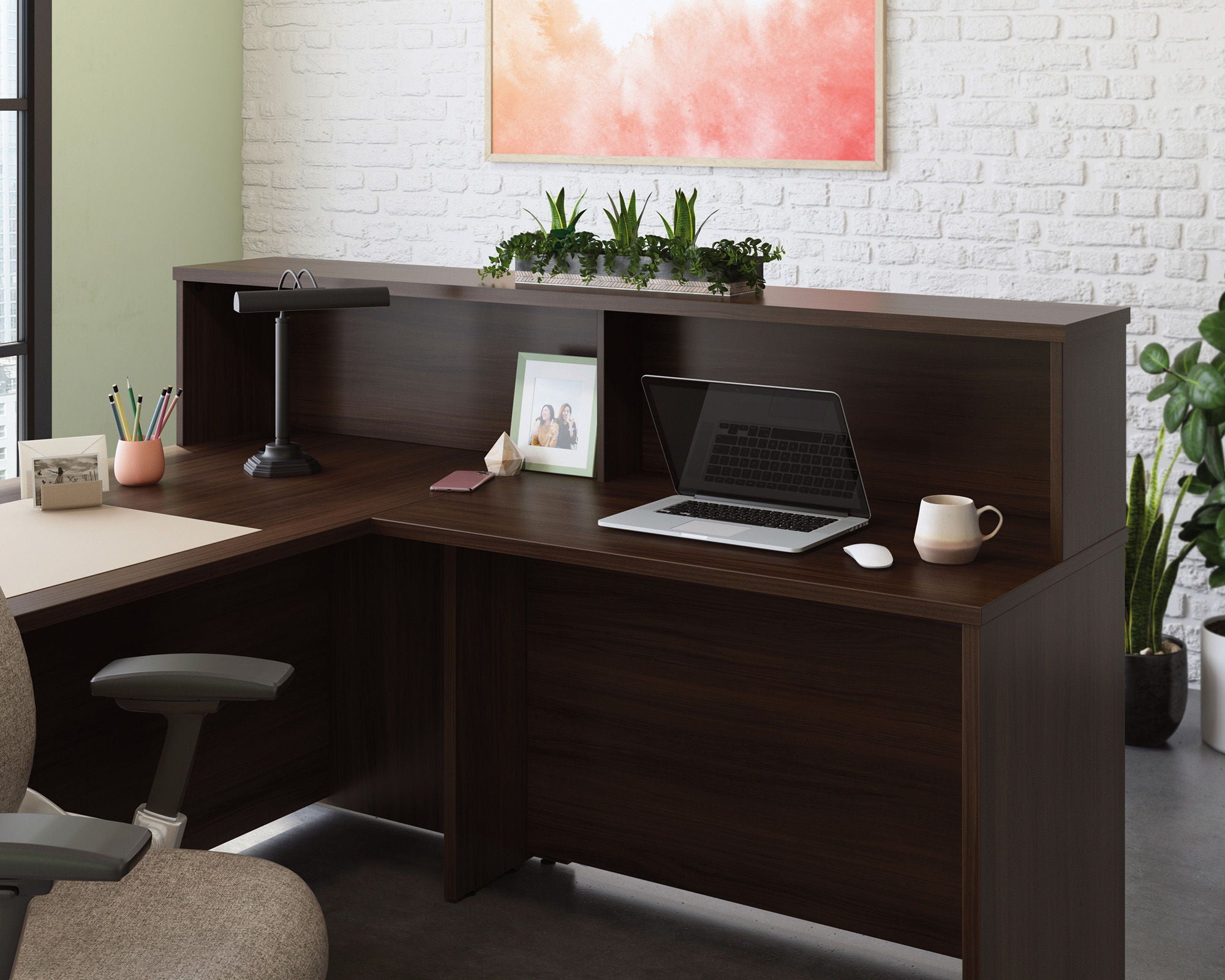 Reception Desktop Hutch in Noble Elm
