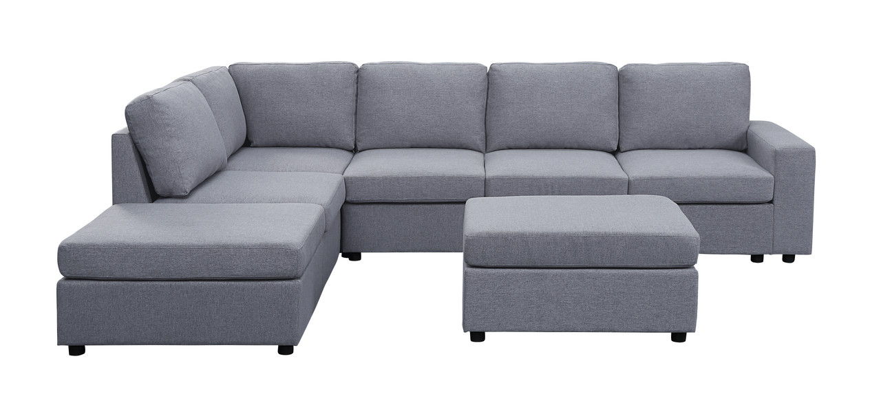 Cassia 120"W Light Gray Linen 7 Seat Reversible Modular Sectional Sofa with Ottoman