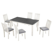 Retro Style 7 Piece Dining Table Set With Extendable Table And 6 Upholstered Chairs - Gray / White