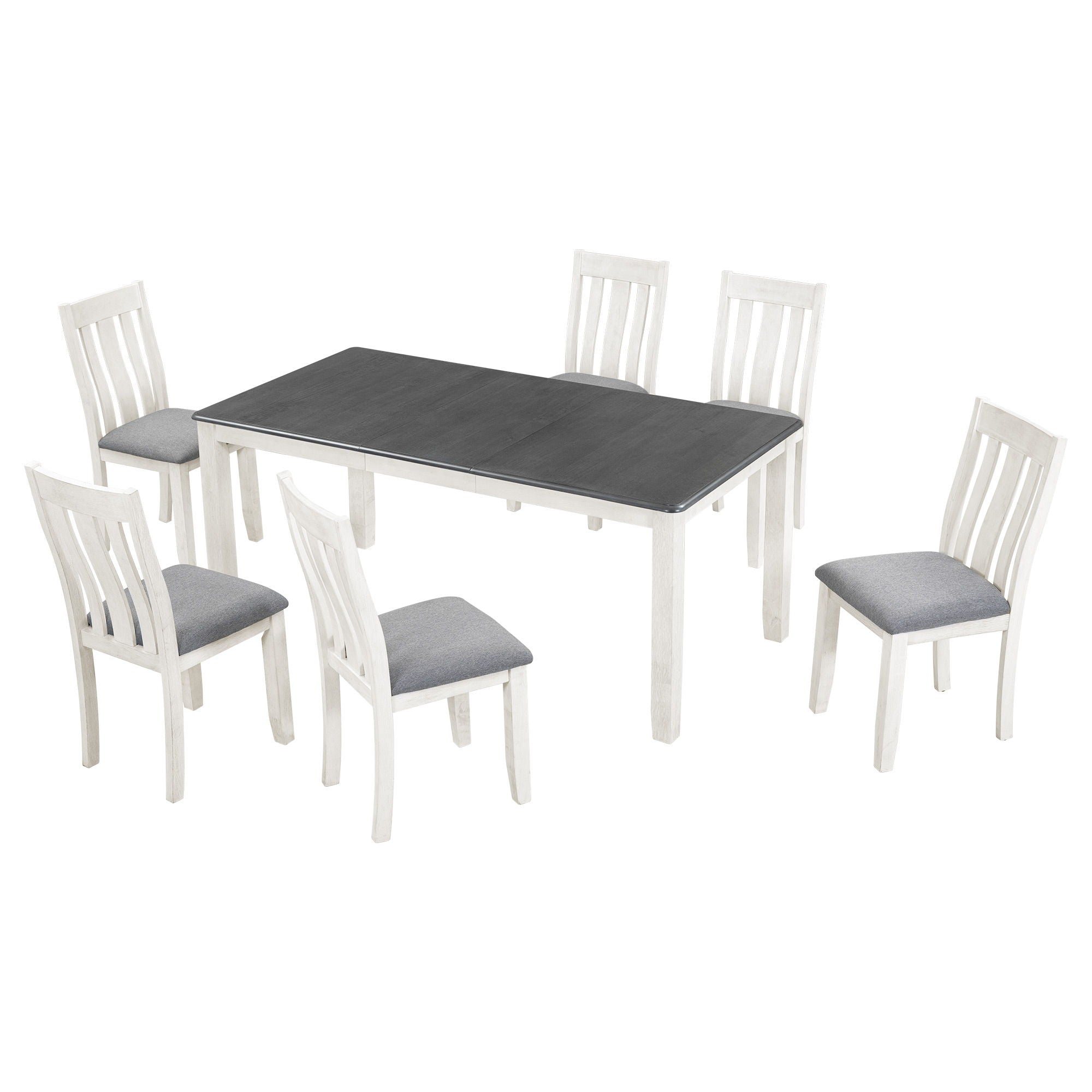Retro Style 7 Piece Dining Table Set With Extendable Table And 6 Upholstered Chairs - Gray / White