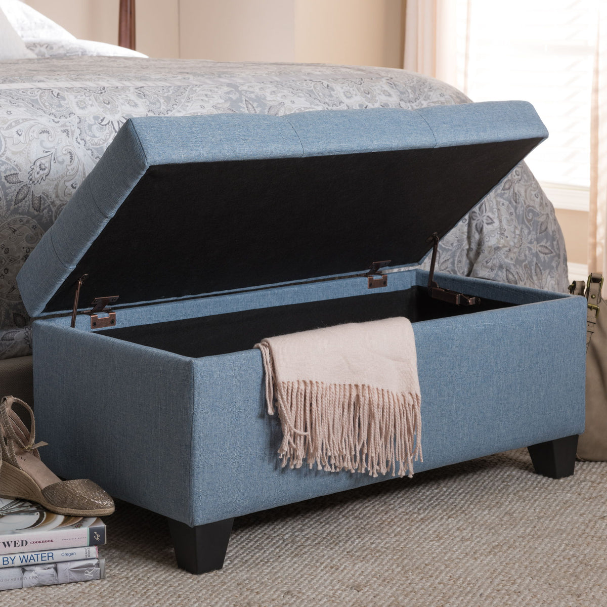 Michaela Modern and Contemporary Light Blue Fabric Upholstered Storage Ottoman