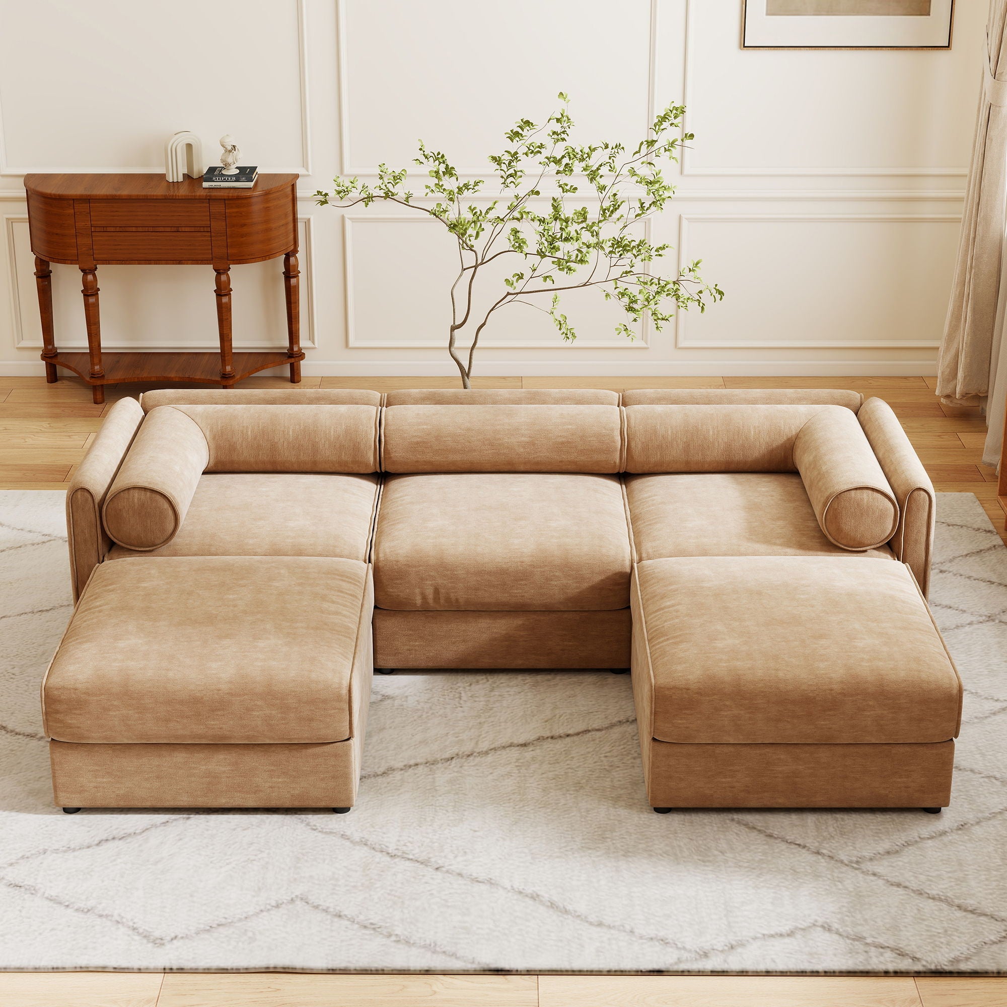 Contemporary Elegant White Chenille Sofa With Storage And Ottoman