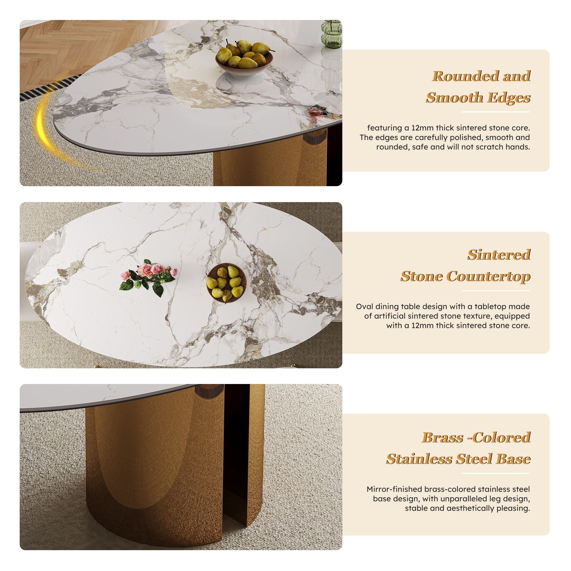 Oval Dining Table With Stainless Steel Base, Sturdy And Stable Design For Kitchen, Dining Room - Brown / White