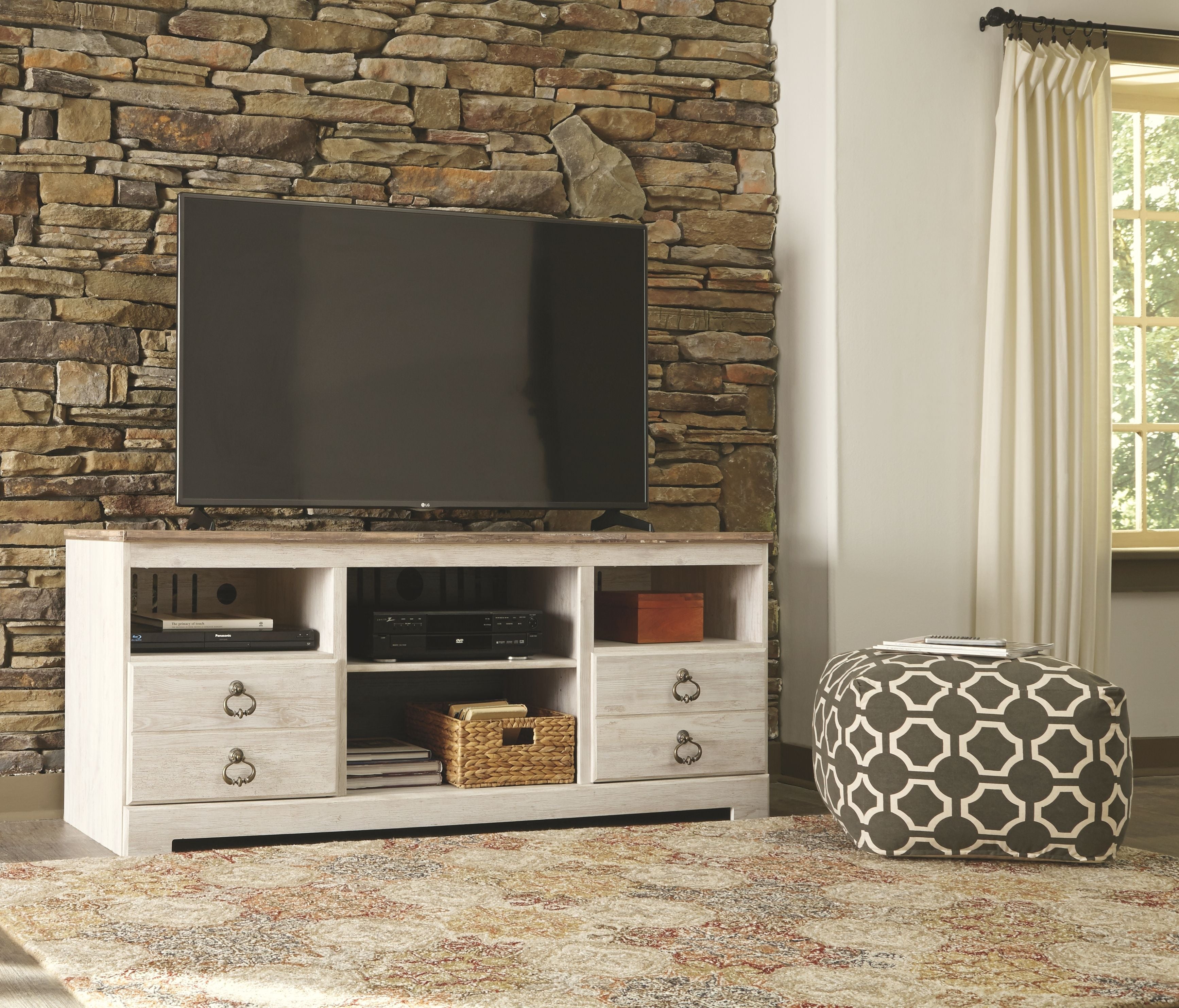Signature Design by Ashley® Willowton - Whitewash - 2 Pc. - 64" TV Stand With Faux Firebrick Fireplace Insert | Meri Furniture