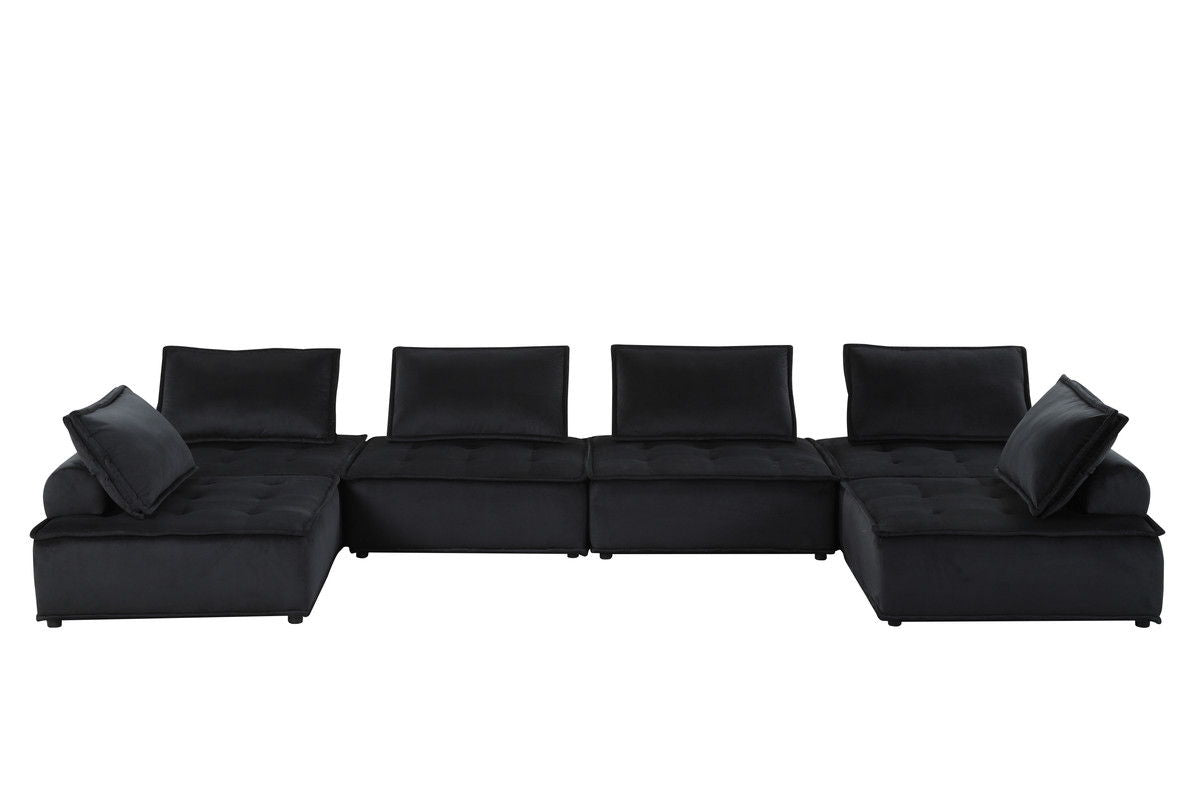 Anna 160"W Black Velvet 6-Seater U-Shape Modular Sectional Sofa