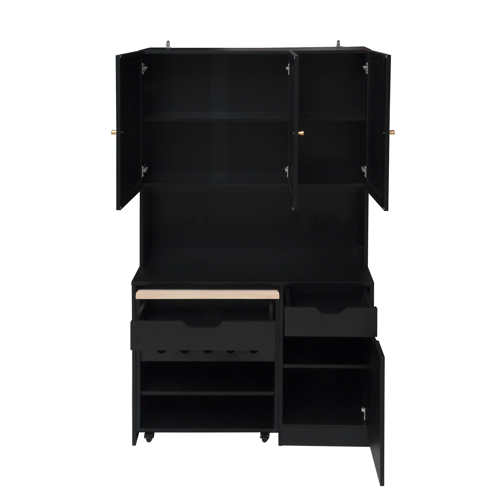 Kitchen Pantry Storage Cabinet, Modern Buffet Cabinet With Kitchen Cart, Tall Kitchen Hutch Cabinet With Microwave Stand, Food Pantry Cabinet With 3 Rattan Doors And Adjustable Shelves - Black