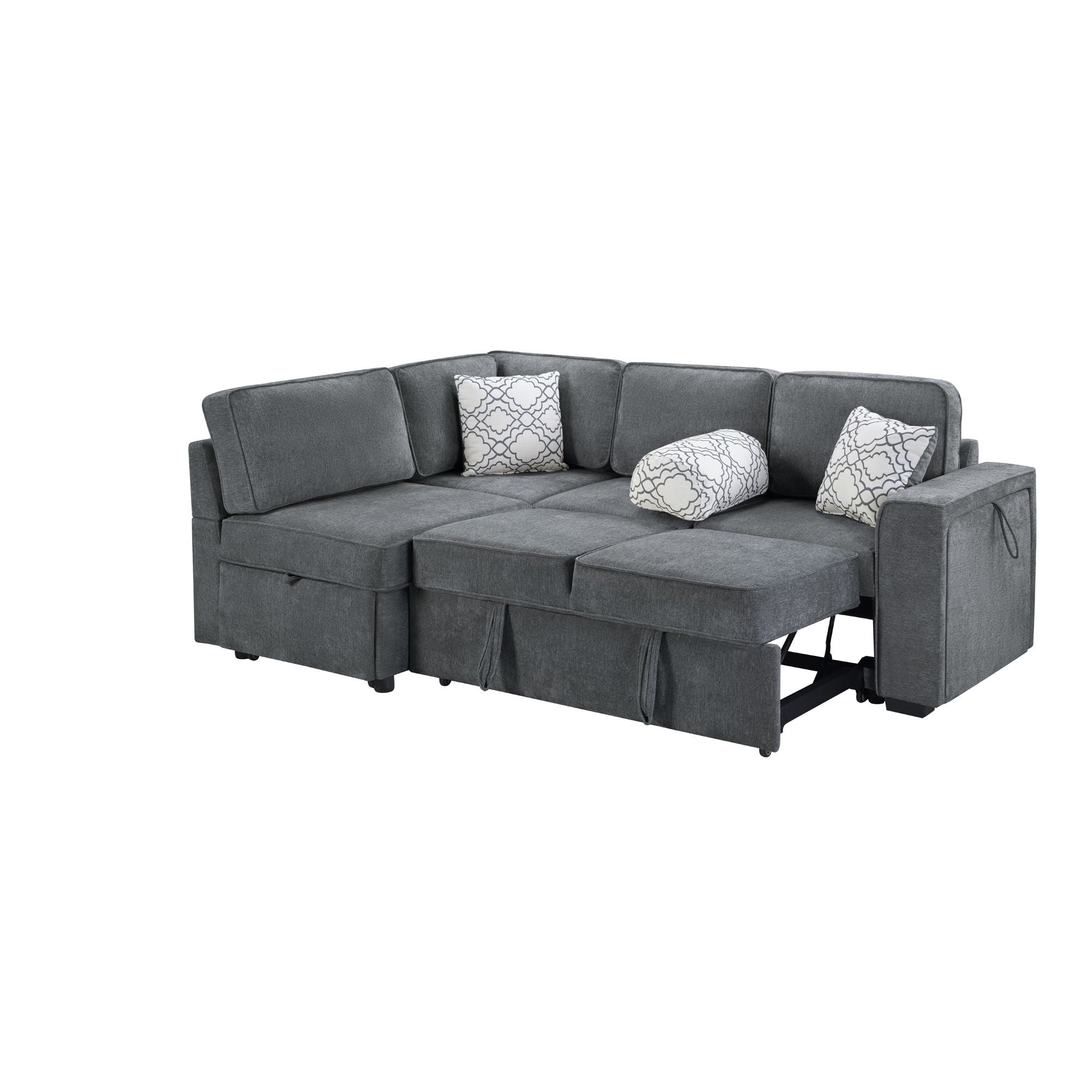 Convertible Sectional L-Shaped Sofa With Dual Pull-Out Sleepers, Flip-Top Table, USB Ports, Cup Holder & Storage