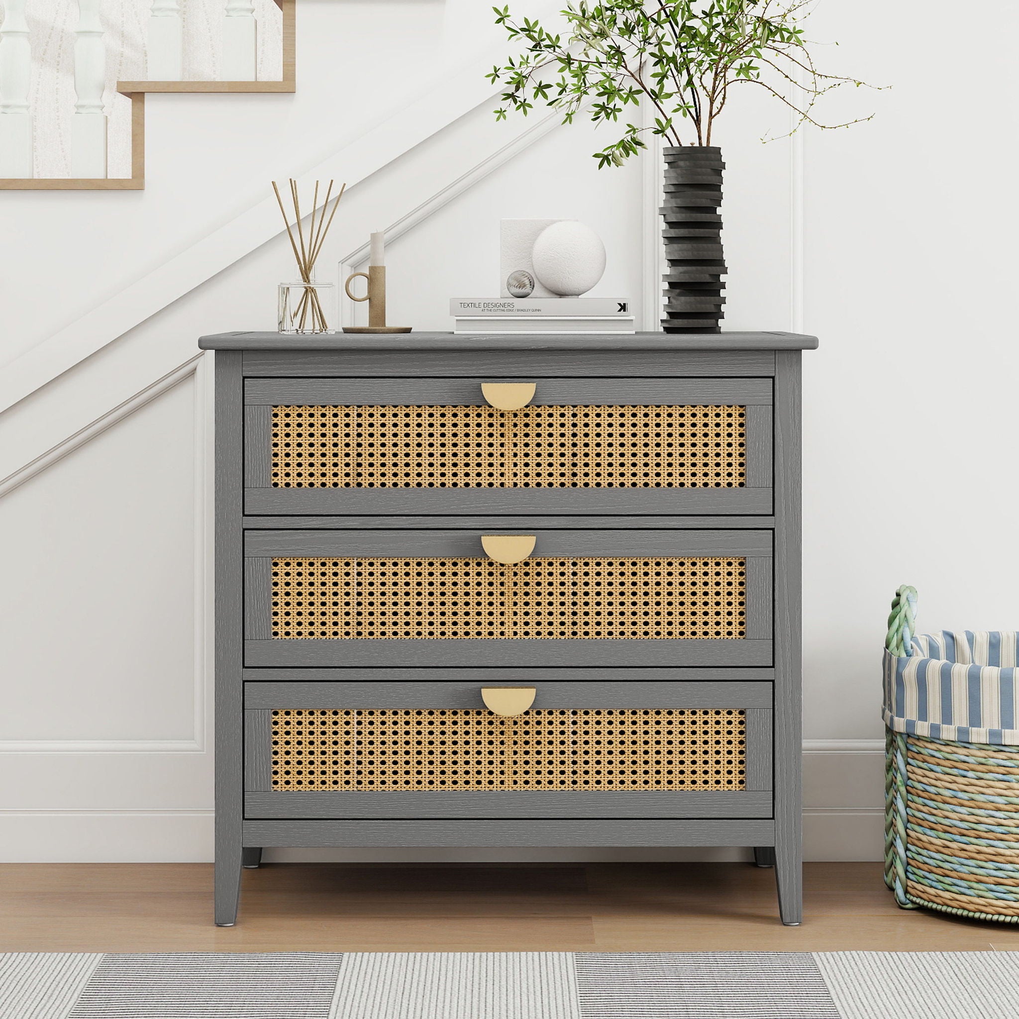 3 Drawer Cabinet, Natural Rattan, American Furniture
