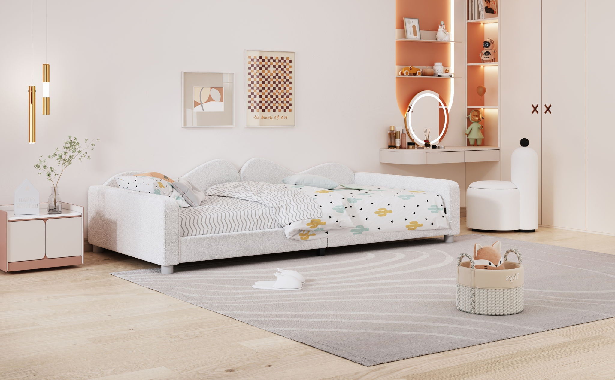Upholstered Daybed, Sherpa Fabric Sofabed With Cloud-Shaped Backrest