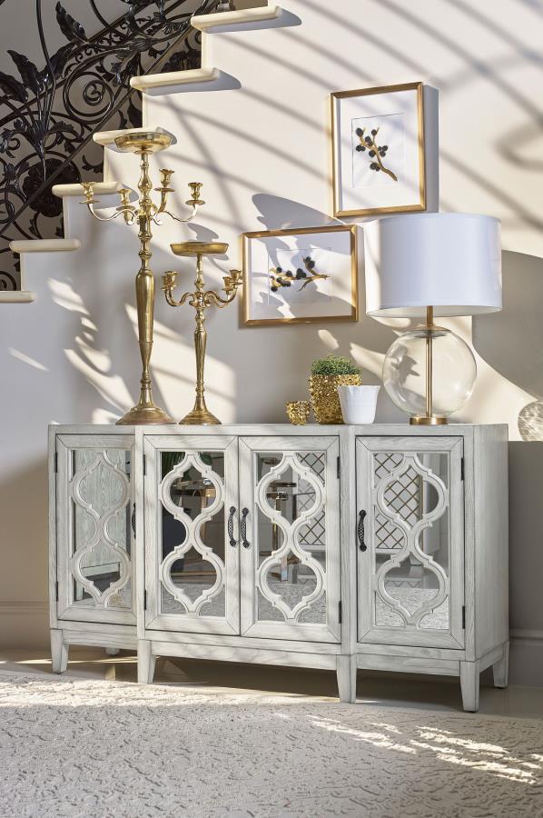 Coaster Fine Furniture Mckellen - 4 Door Wood Trellis Accent Cabinet - Distressed White | Meri Furniture
