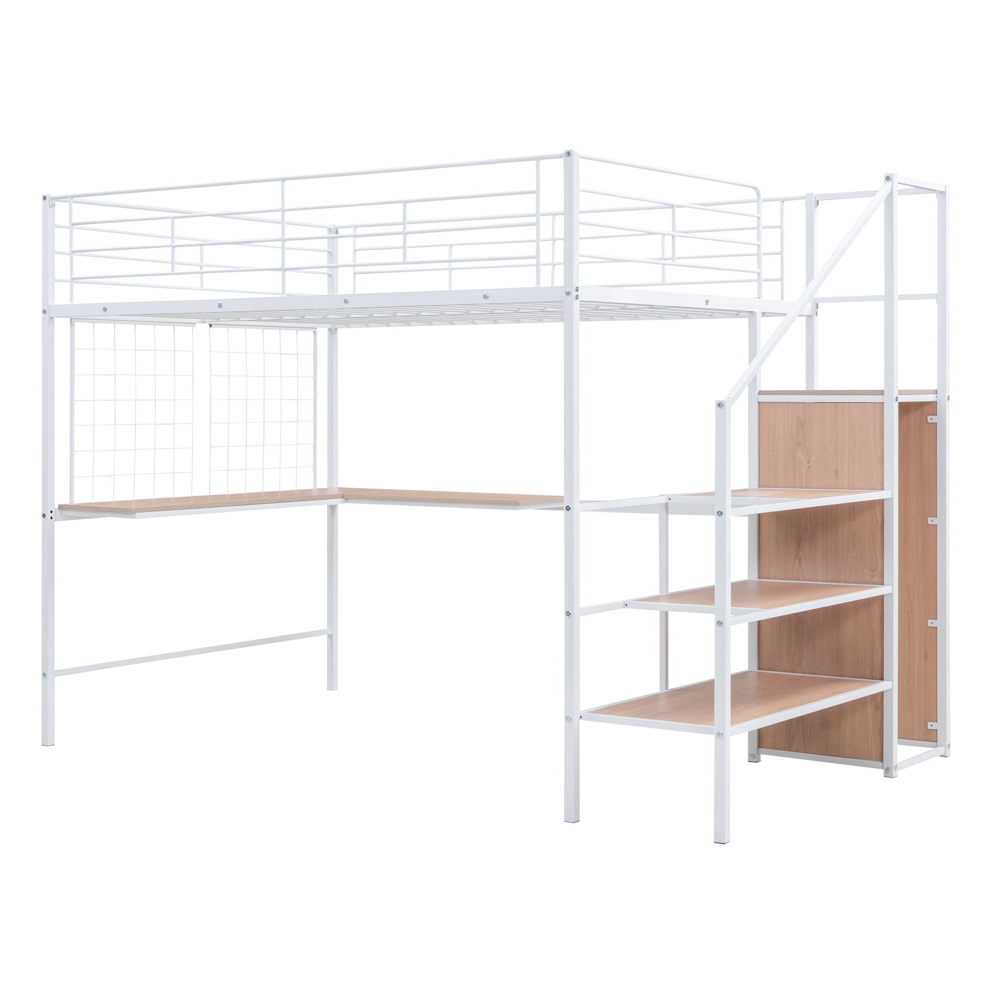 Loft Bed With Desk And Grid, Stylish Frame With Lateral Storage Ladder And Wardrobe