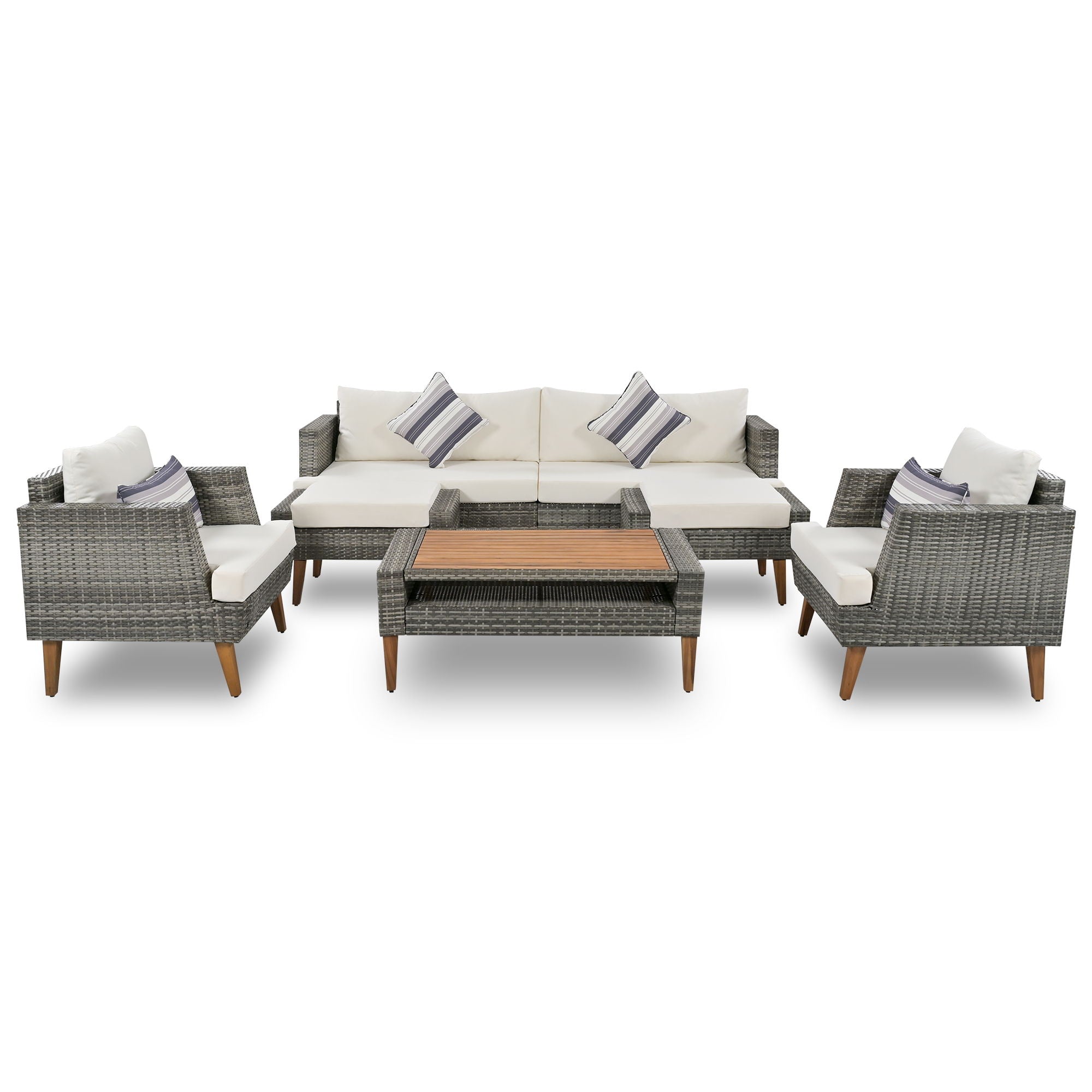 6 Pieces All Weather Sofa Set, Outdoor Rattan Sofa With Double Cushions