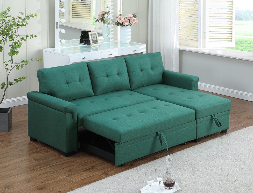 Lucca 84"W Green Linen Reversible Sleeper Sectional Sofa with Storage Chaise