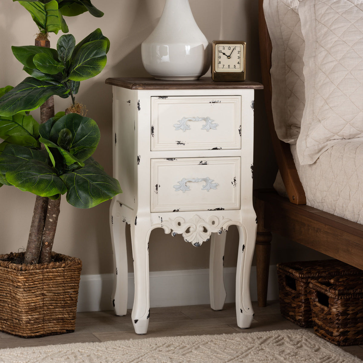 Levron Classic and Traditional Two-Tone Walnut Brown and Antique White Finished Wood 2-Drawer End Table