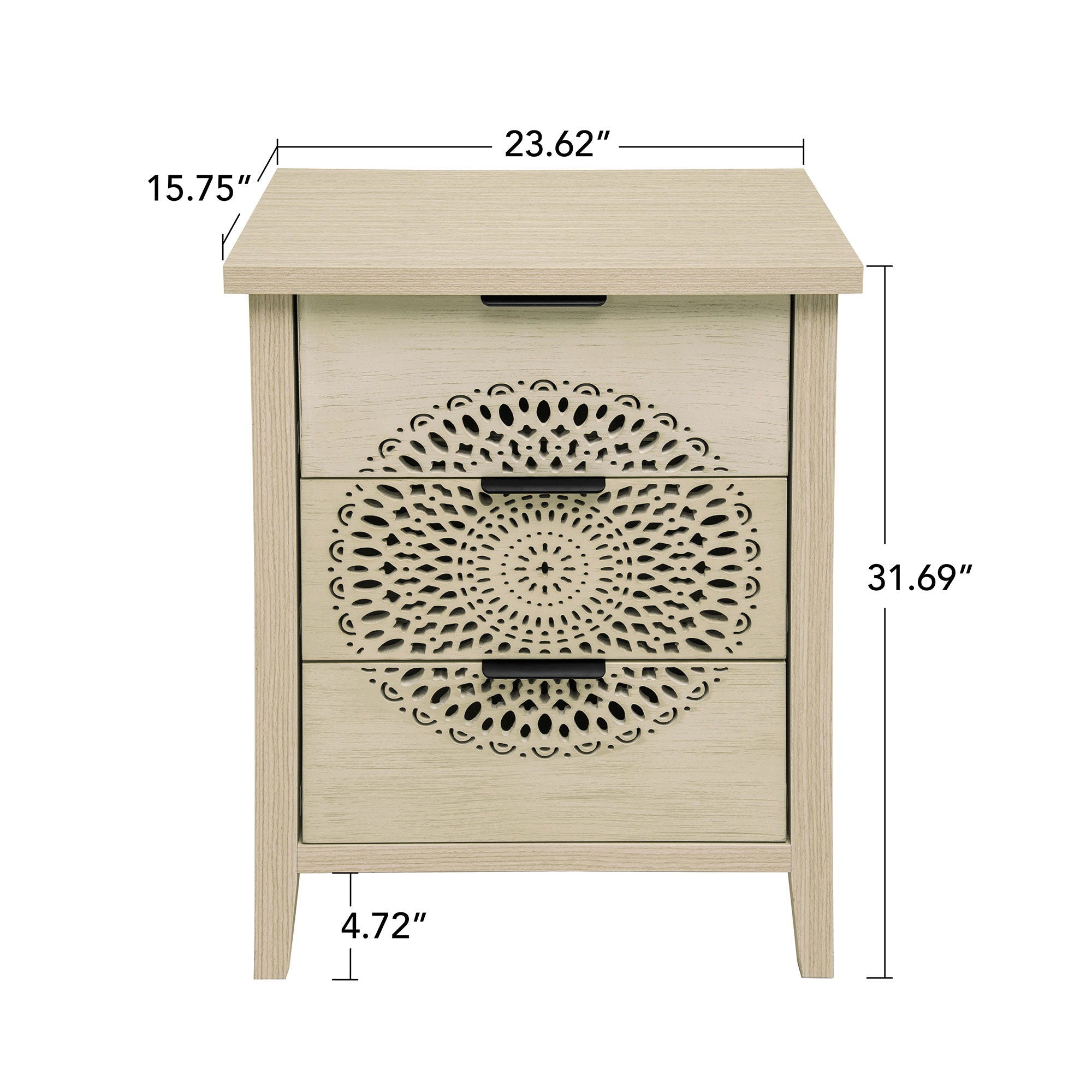 Hollow Carved 3 Drawer Cabinet Dresser Storage Chest With Metal Handles For Living Room Bedroom - Natural