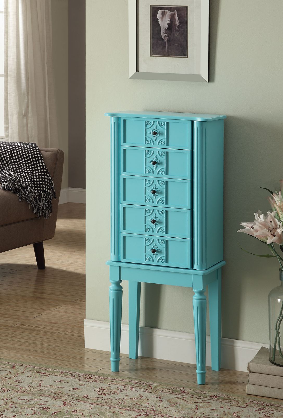 ACME KD Leg, 4 Drw • Top: Lid w/Mirror, Jewelry Storage & Cord mgmt: PreCut Hole (Velvet Lined) • Side Doors w/Jewelry Storage (Hooks/Velvet Lined) • Drawer: GLIDE Side Wood, Felt-Lined Drawers • Wooden Fluted/Tapered Legs ••• Anti-Tipping Strap Included