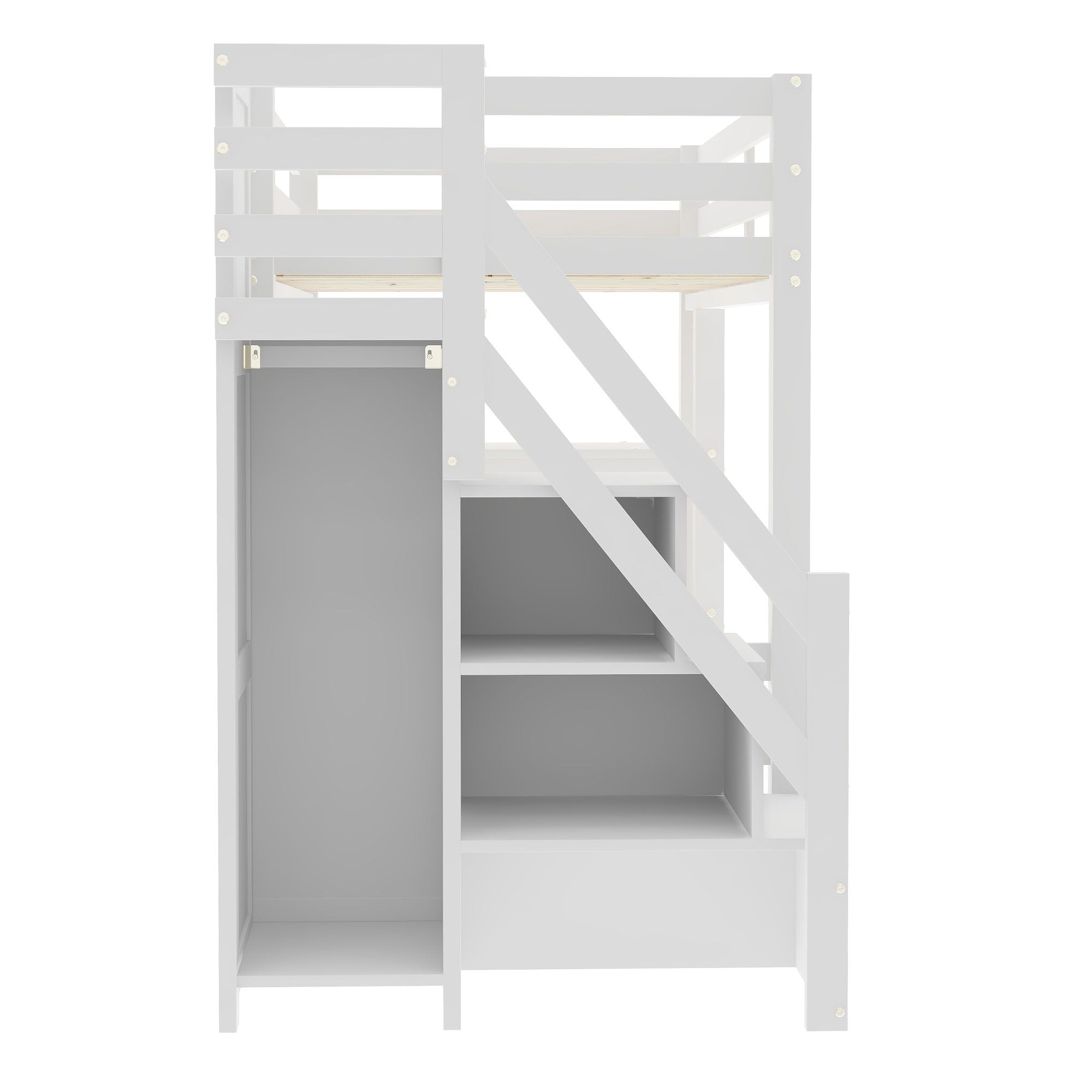 Loft Bed With 4 Layer Shelves, Storage Staircase, Small Wardrobe And LED Light