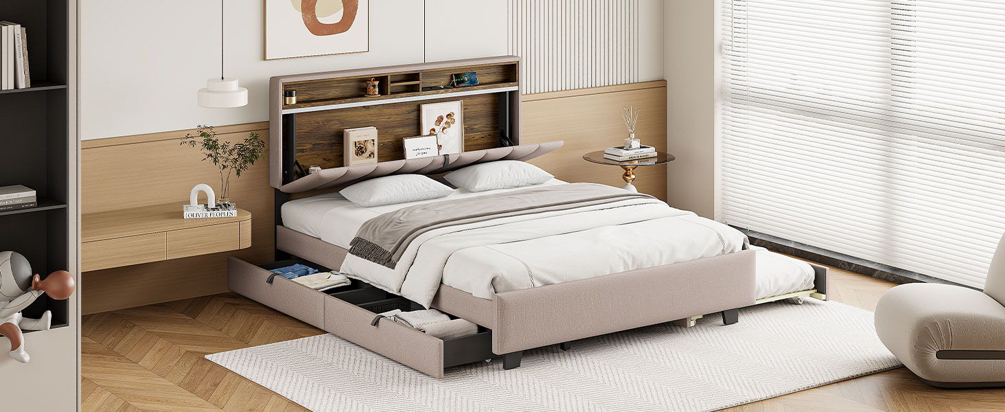 Upholstered Platform Bed With Storage Headboard, Trundle & 2 Drawers And A Set Of Sockets & USB Ports