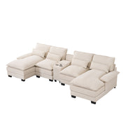 U Shaped Sofa With Console, Cupholders, USB Ports, 6 Seat, Bronzing Suede & Chenille