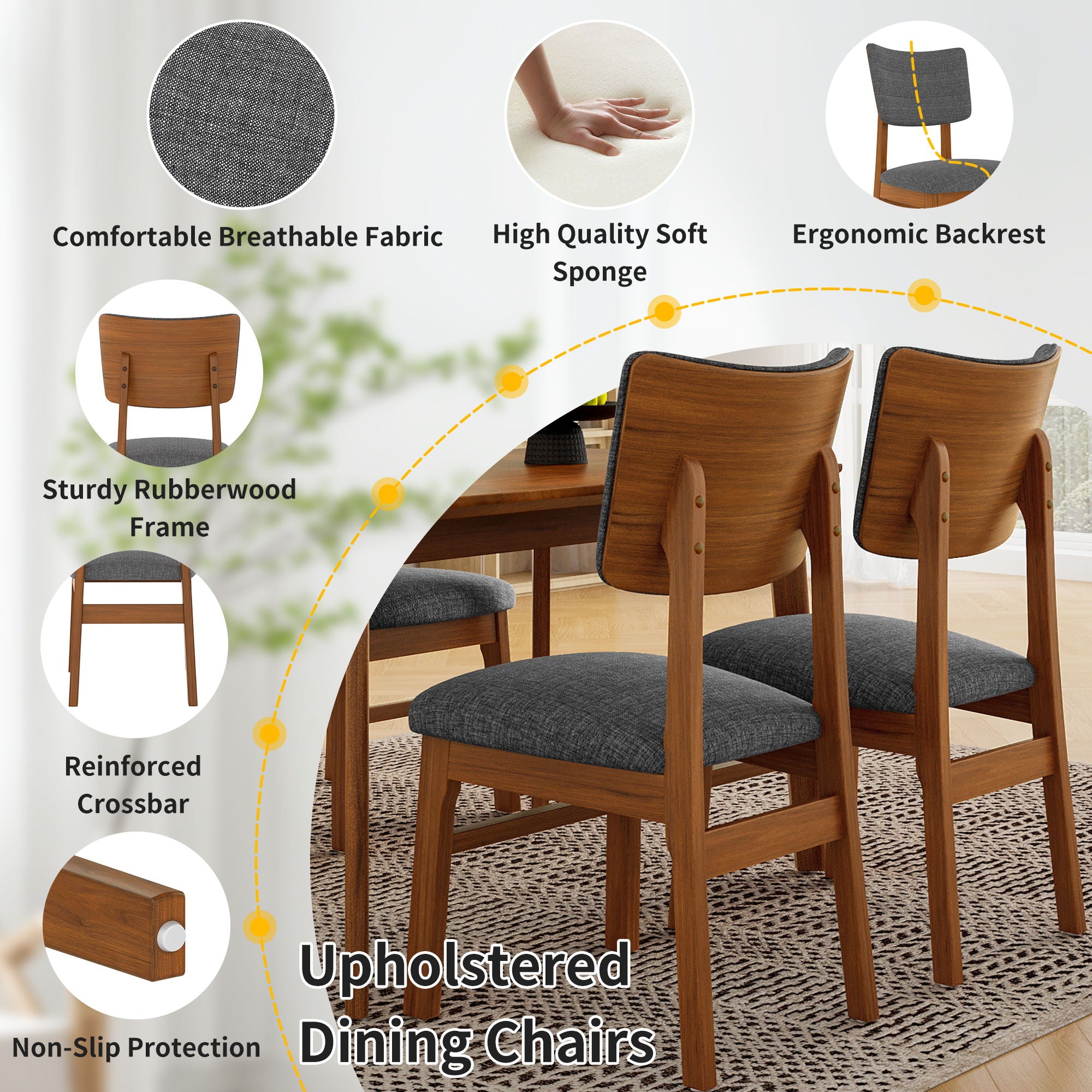 Dining Chairs (Set of 4), Wooden Dining Chair Armless, Mid Century Modern Upholstered Seat Cushion Dining Room Chair For Home Kitchen Dining Room Restaurant - Brown / Gray