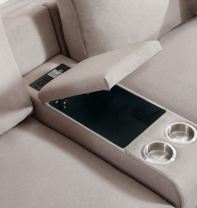 Nolan 106"W Beige Linen Fabric 6Pc Reversible Sectional Sofa with a USB, Charging Ports, Cupholders, Storage Console Table and Pillows and Interchangeable Legs