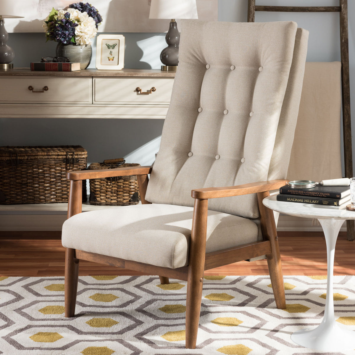 Roxy Mid-Century Modern Walnut Brown Finish Wood and Light Beige Fabric Upholstered Button-Tufted High-Back Chair