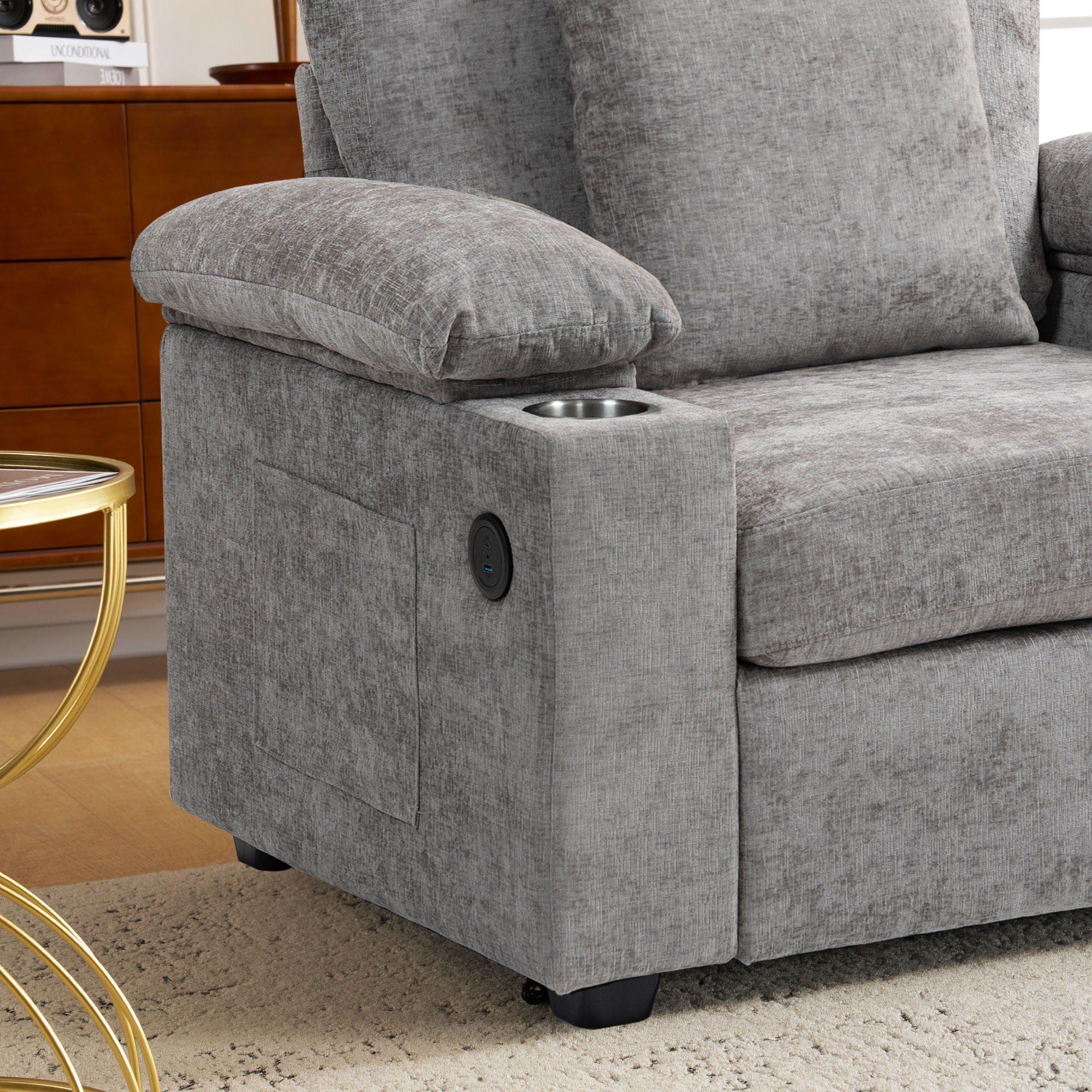 Modern Oversized Chair With Ottoman, Cupholders And USB Charging Ports