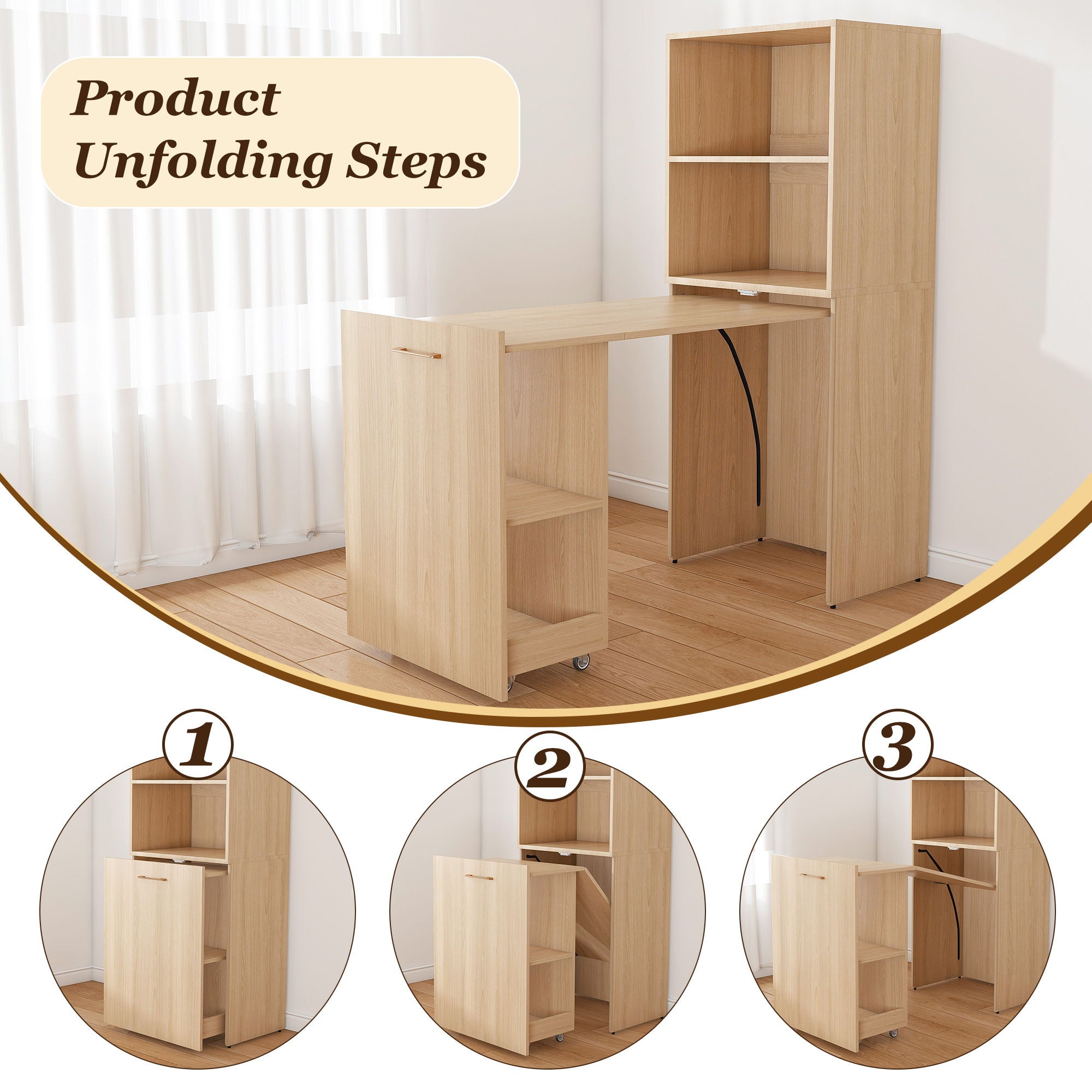 Stretchable Office Desk With Storage Shelves And Mobile Wheels