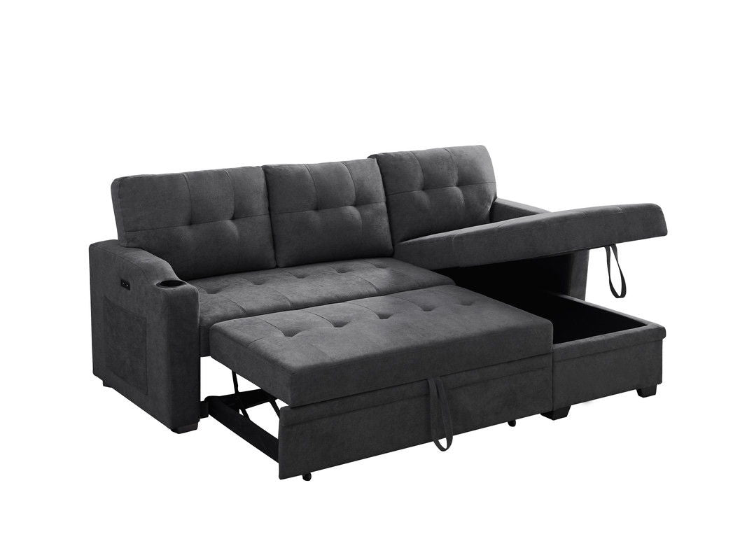 Mabel 83"W Dark Gray Woven Fabric Sleeper Sectional with cupholder, USB charging port and pocket