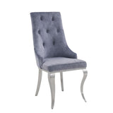 Dining Chair (High Back) • Stationary Seat: Standard Dining Height • Padded SEAT & BACK: Fabric () • Stainless Steel Apron Seat • Padded Backrest (Inside Button Tufted, Outside Ring) • [sc] • Stainless Steel Cabriole Leg • Sloped Low Armrest: Padded