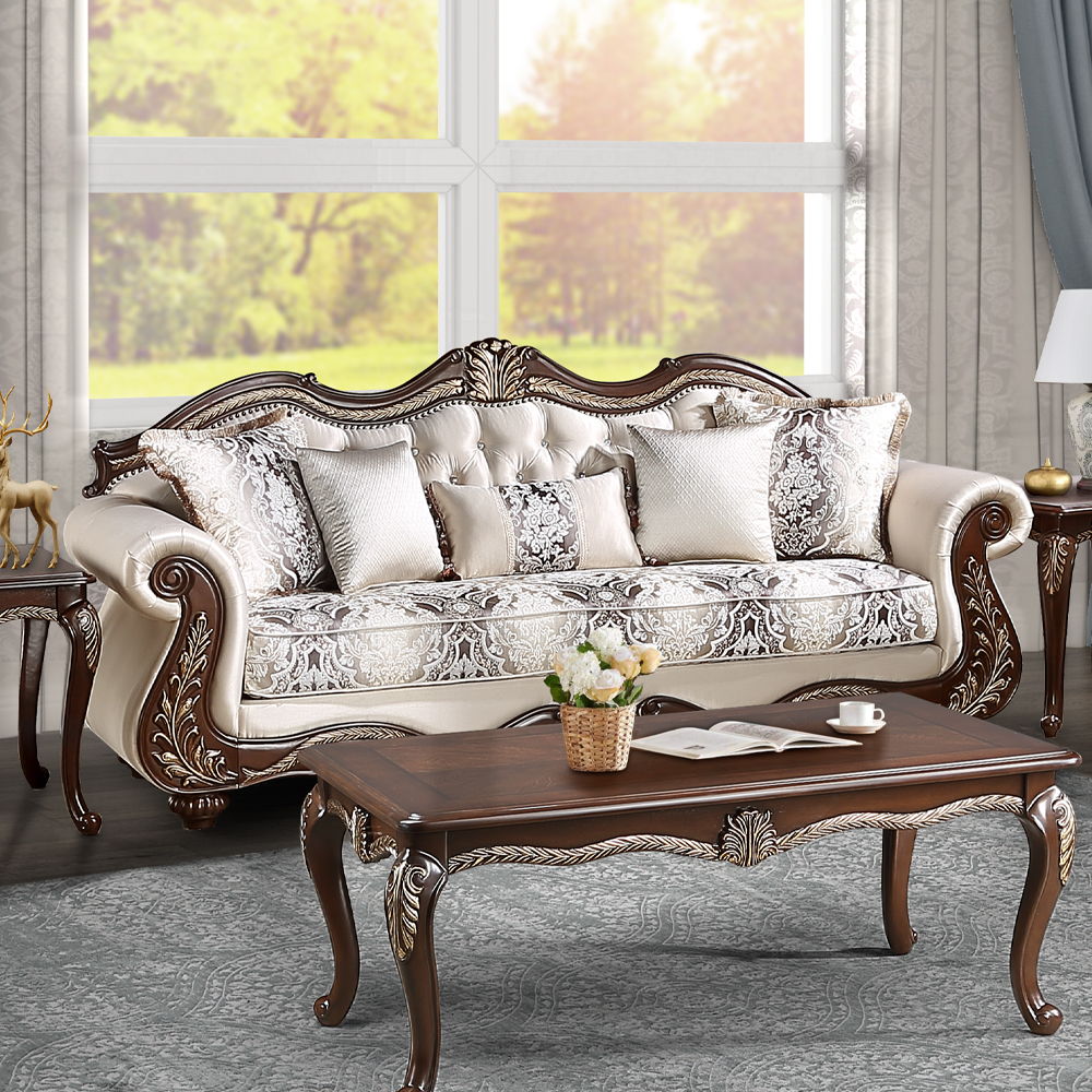 ACME Pierce - Sofa With 5 Pillows - Beige Fabric & Cherry Finish | Meri Furniture