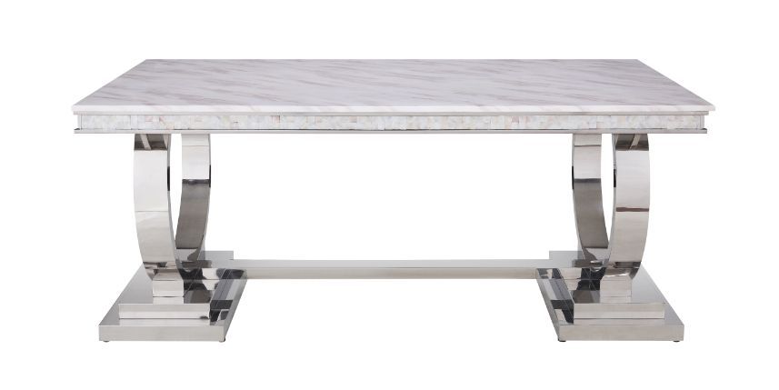 ACME Zander - Dining Table - White Printed Faux Marble & Mirrored Silver Finish | Meri Furniture