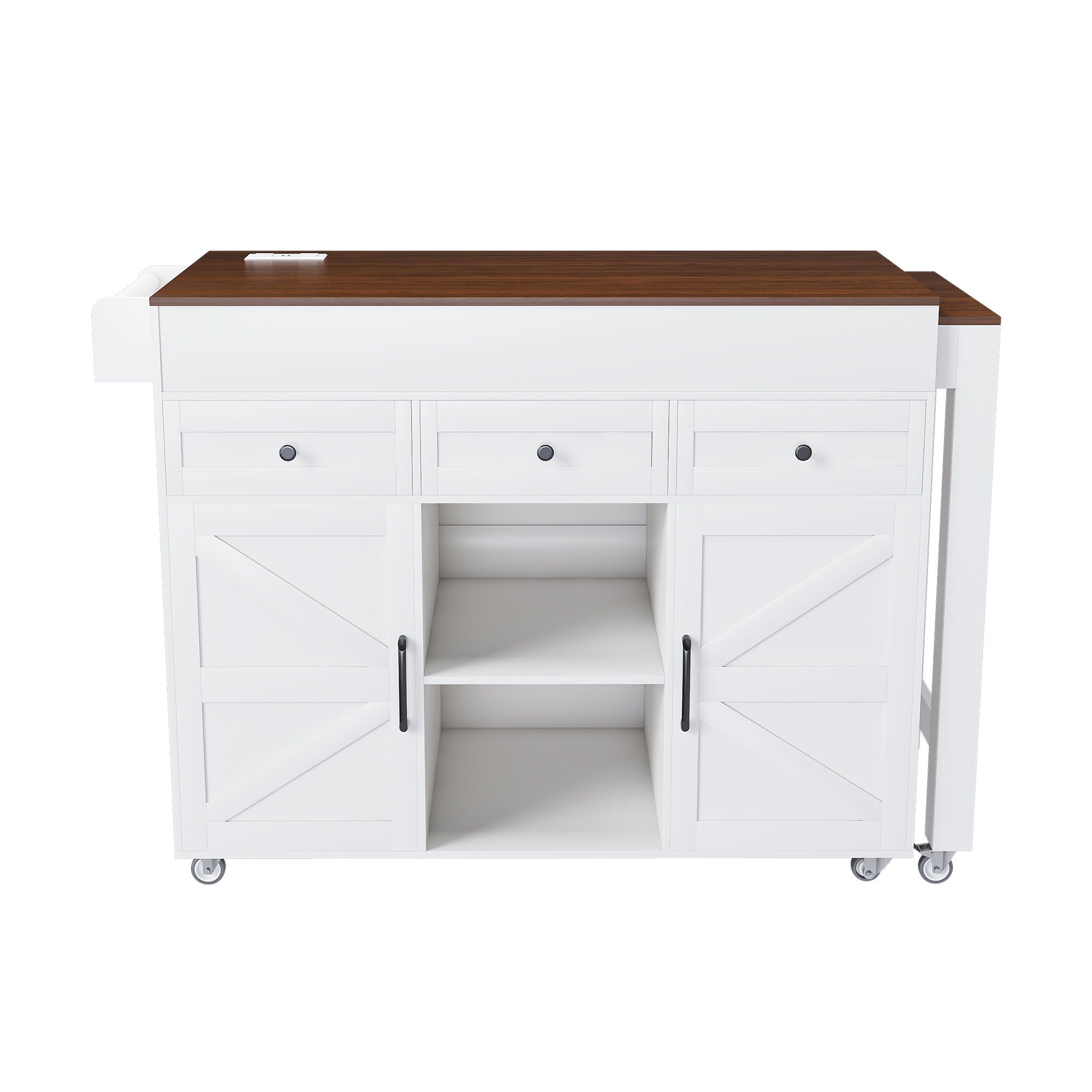 Modern Kitchen Island With Extendable Dining Table & Power Outlet - White