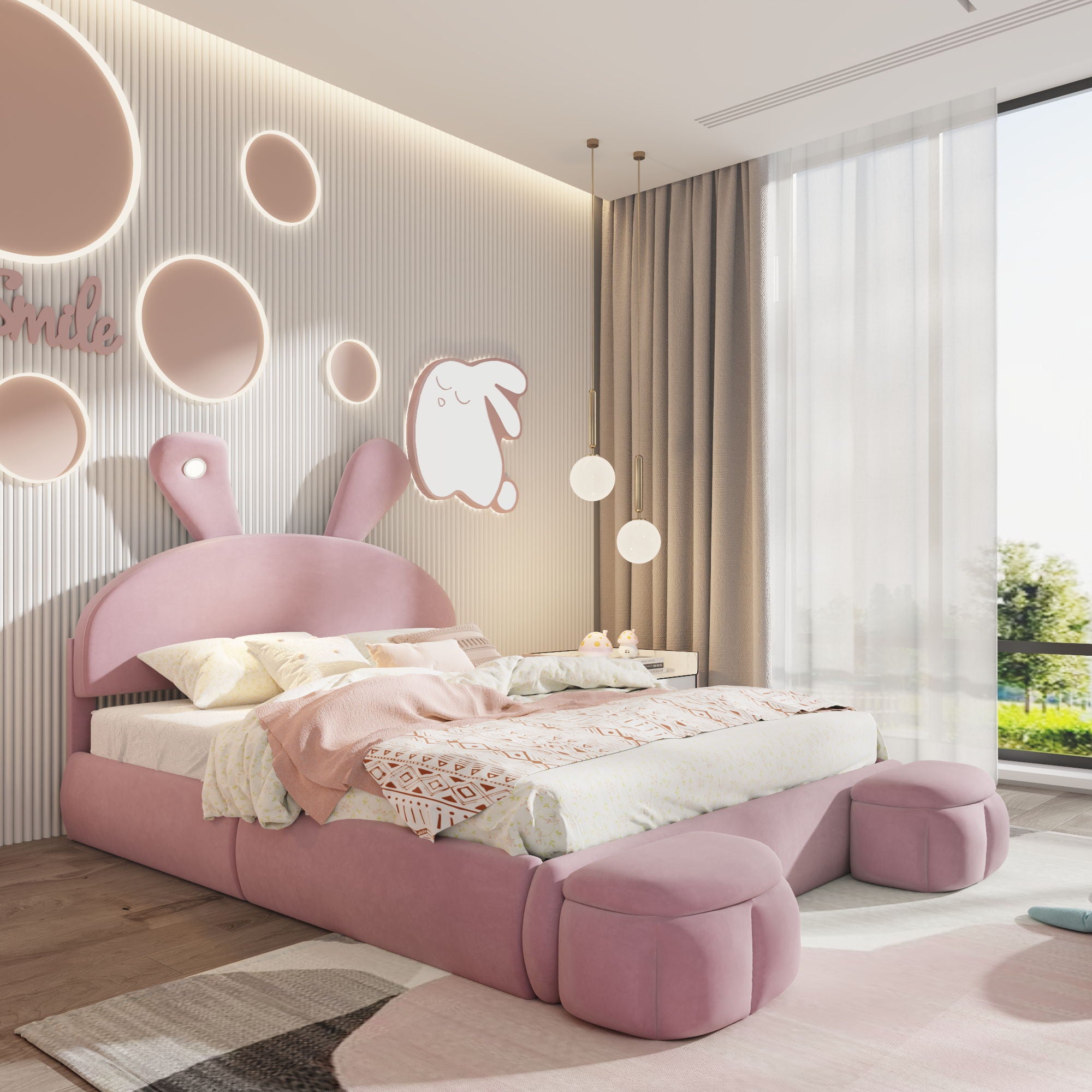 Upholstered Platform Bed With Cartoon Ears Shaped Headboard And LED Light