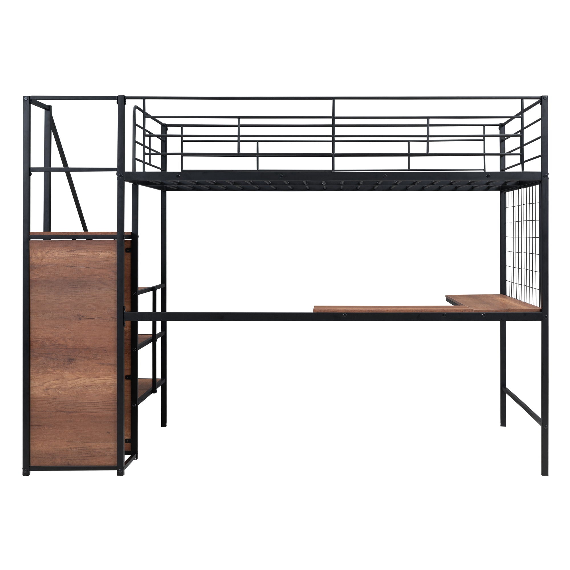 Loft Bed With Desk And Grid, Stylish Frame With Lateral Storage Ladder And Wardrobe