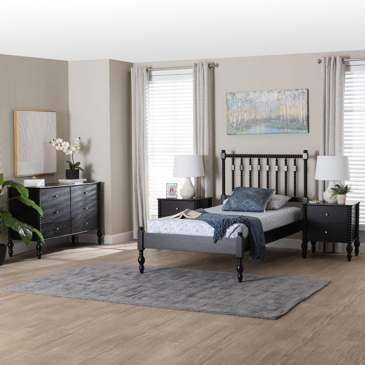 Callison Spindle 4-Piece Bedroom Set - Farmhouse Platform Bed with Matching Dresser and 2-Drawer Nightstands, Black, Twin