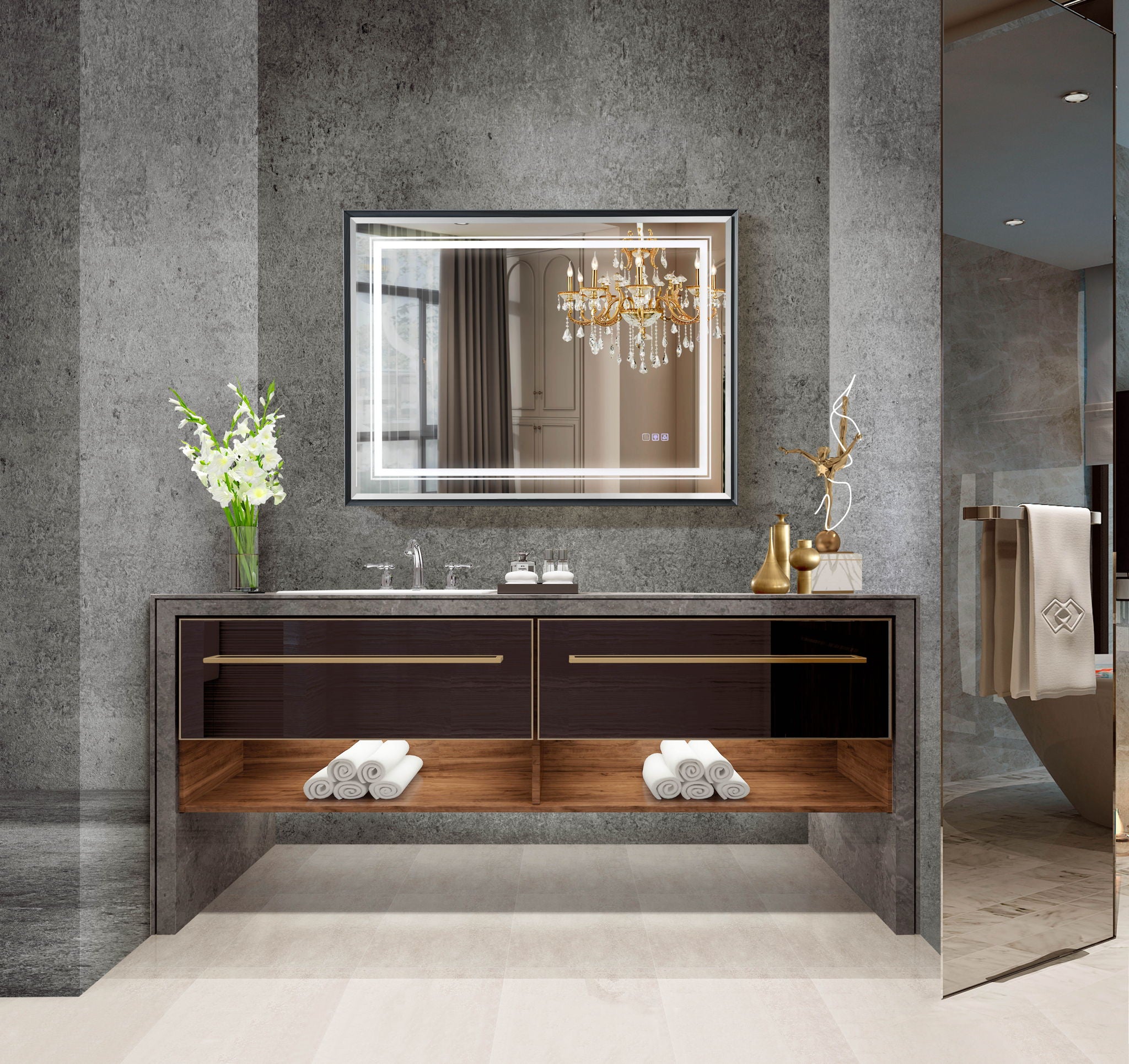 LED Bathroom Beveled Mirror, 3000 - 6000K Gradient Front And Backlit LED Mirror For Bathroom, 3 Colors Dimmable, Ip54 Enhanced Anti Fog