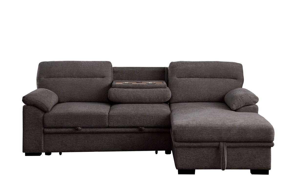 Kipling II 94"W Brown Chenille Fabric Sleeper Sectional Sofa with Right-Facing Chaise, Cupholders, USB Charging port