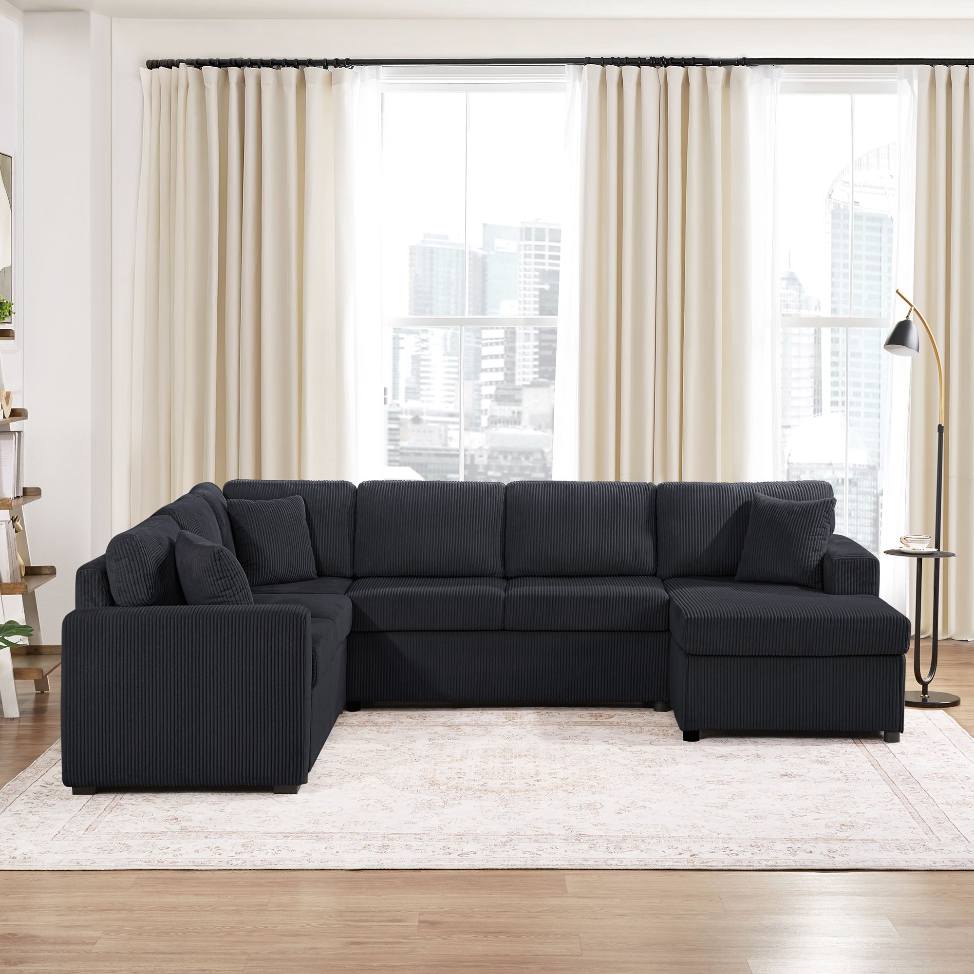 Oversized Sectional U-Shaped Sofa With Chaise Lounge And Three Soft Throw Pillows