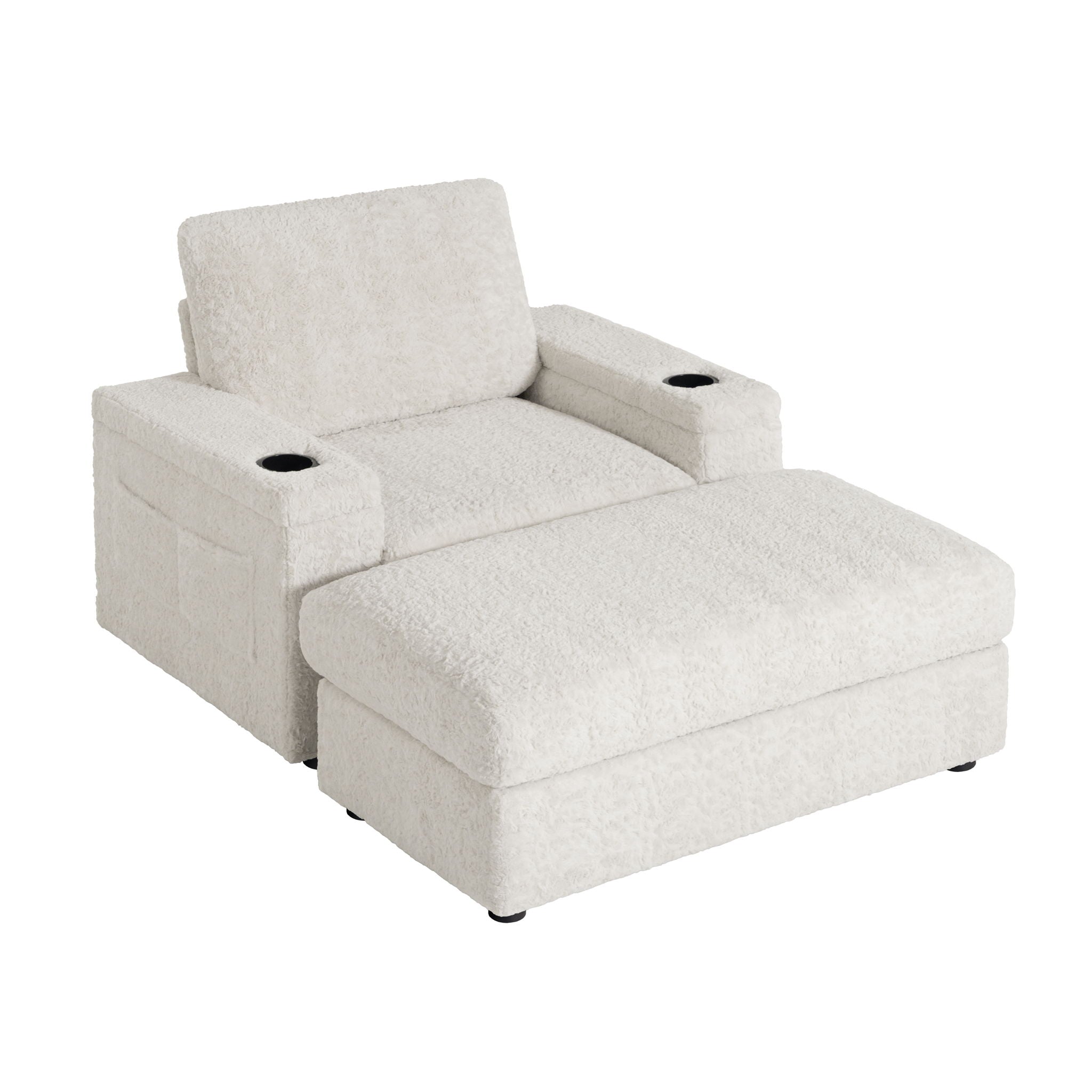 Oversized Chaise Lounge Indoor Rabbit Fur Sofa Bed With Storage Ottoman And Armrests Cup Holders With Deep Seat