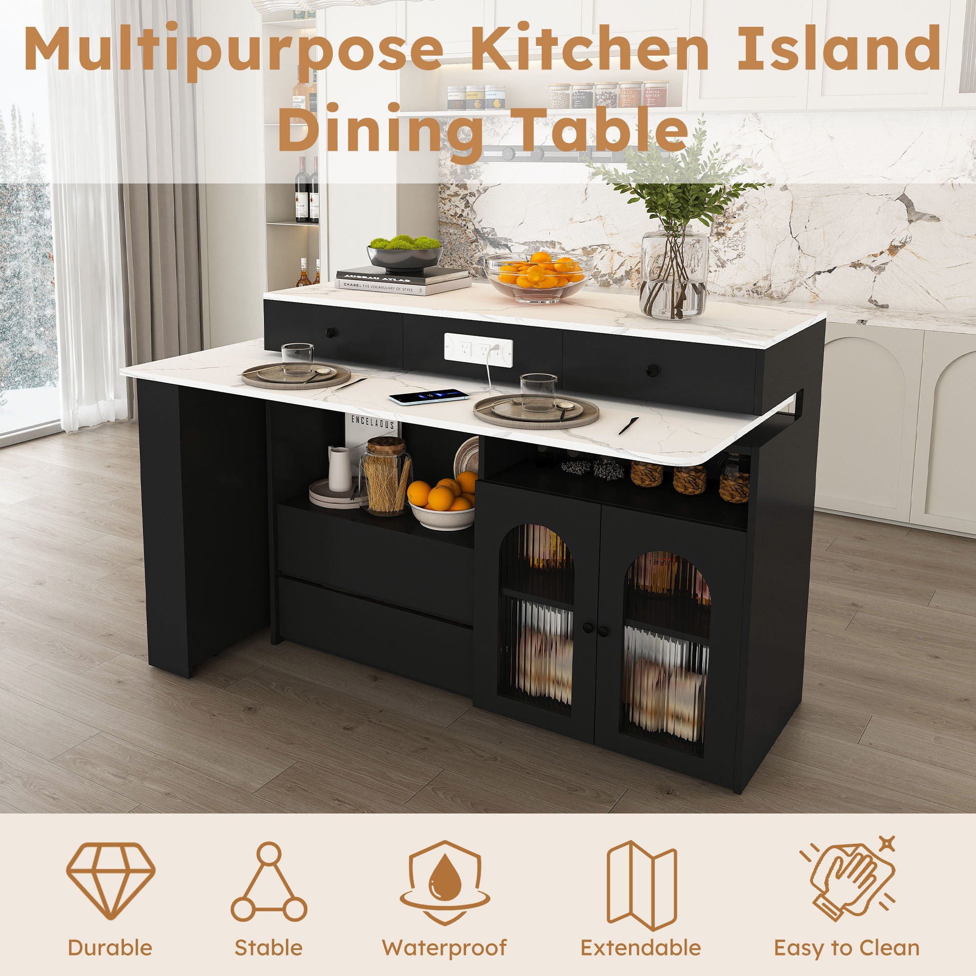 Kitchen Island With Extendable Rotating Table, 4 Drawers & Glass Door Cabinets, Built In Socket - Black