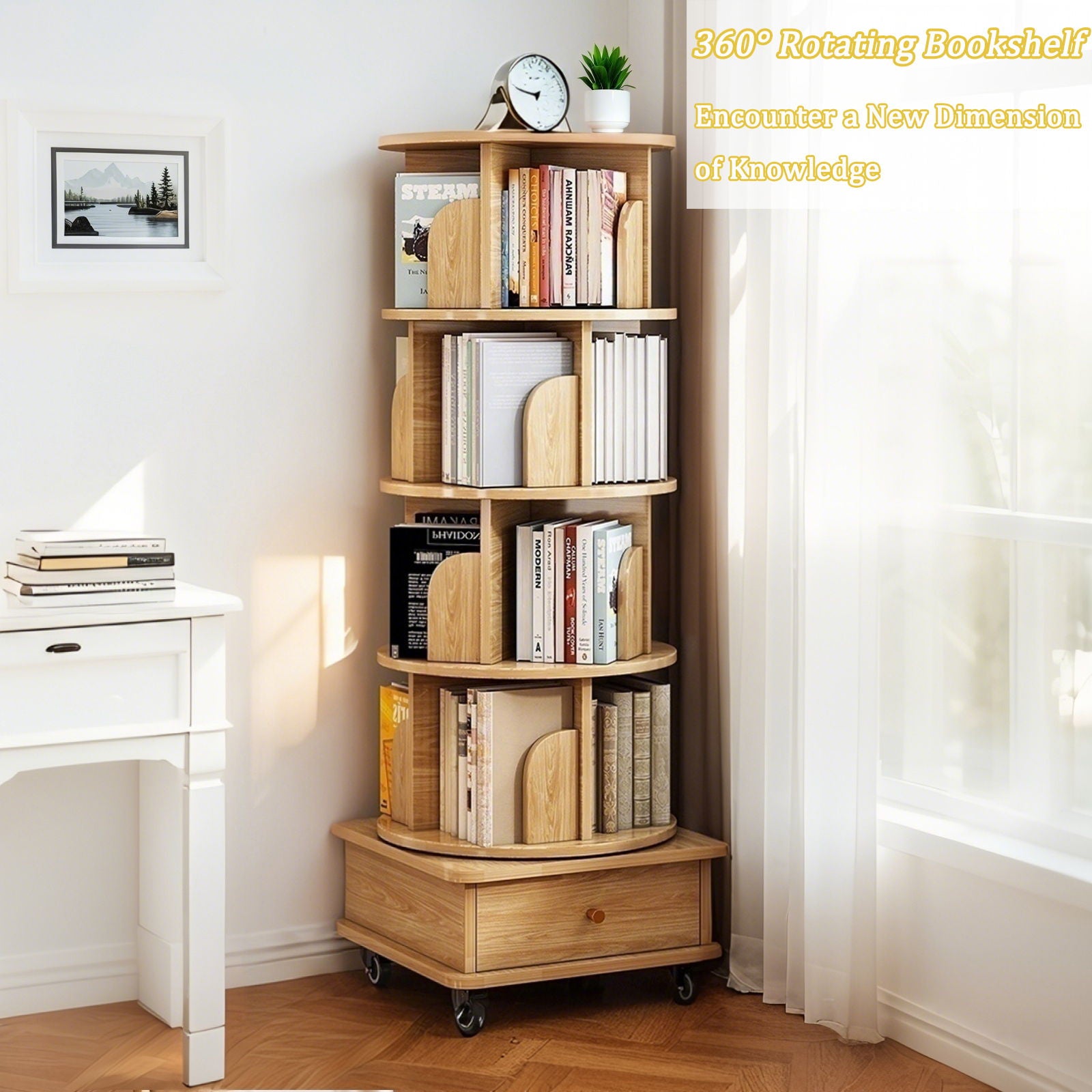 Rotating Bookshelf With Wheels And Drawer, 360° Spinning Design, Space Saving Storage