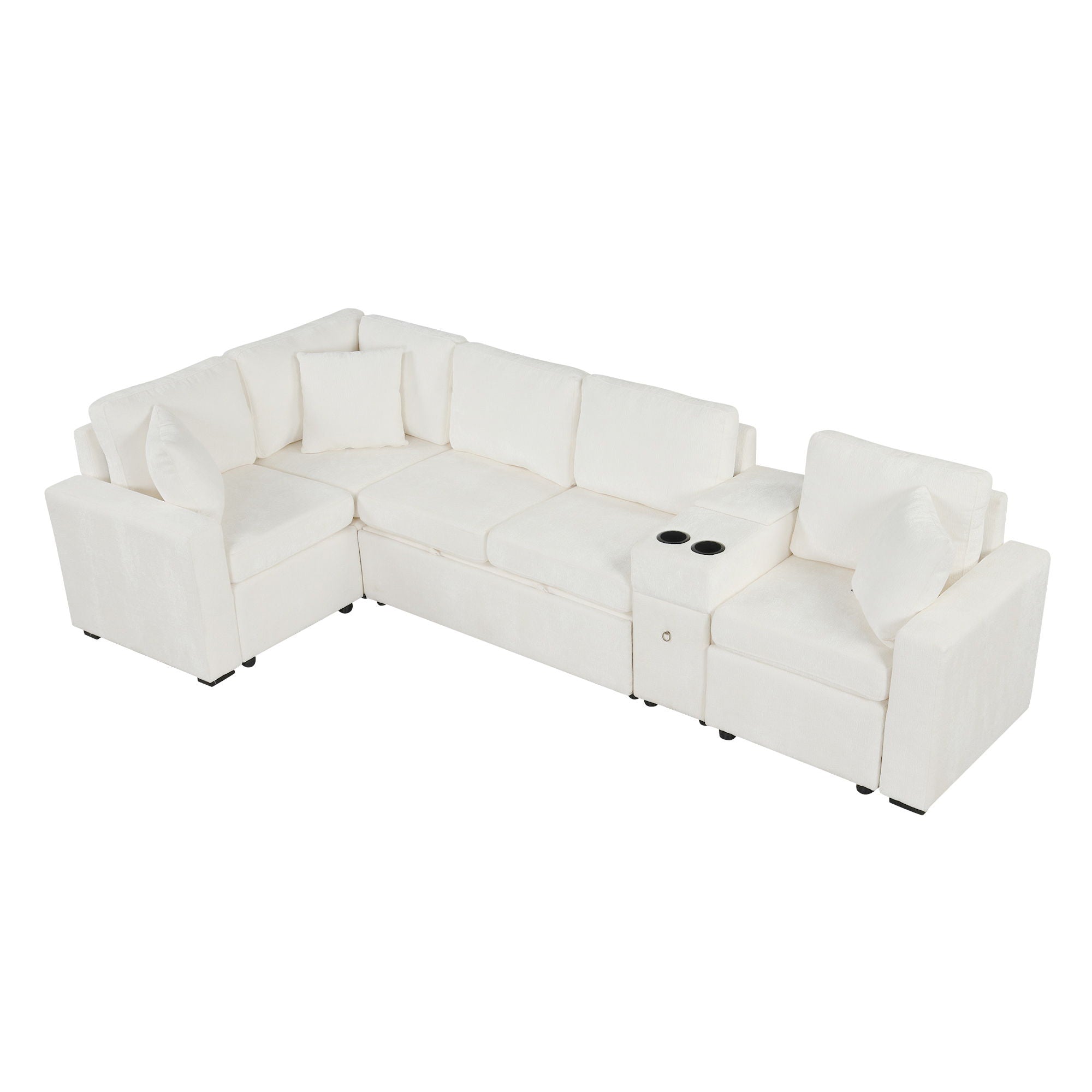 Contemporary L Shaped Convertible Sofa Bed With Pull Out Bed, Cup Holders, And Storage