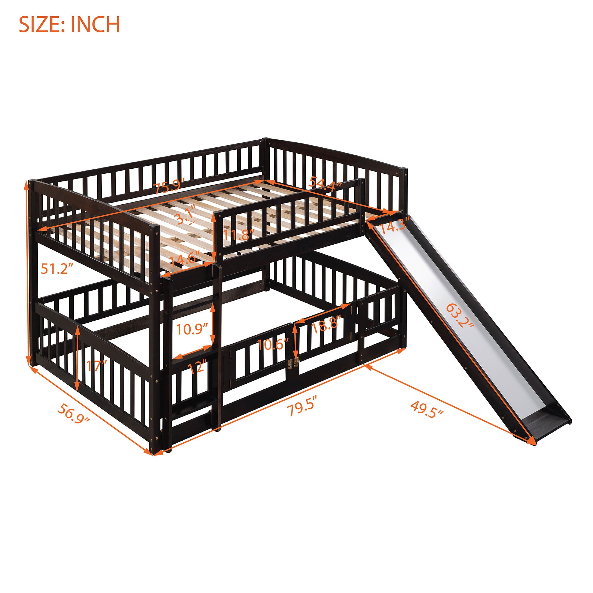 Low Bunk Bed With Slide, Fence And Ladder