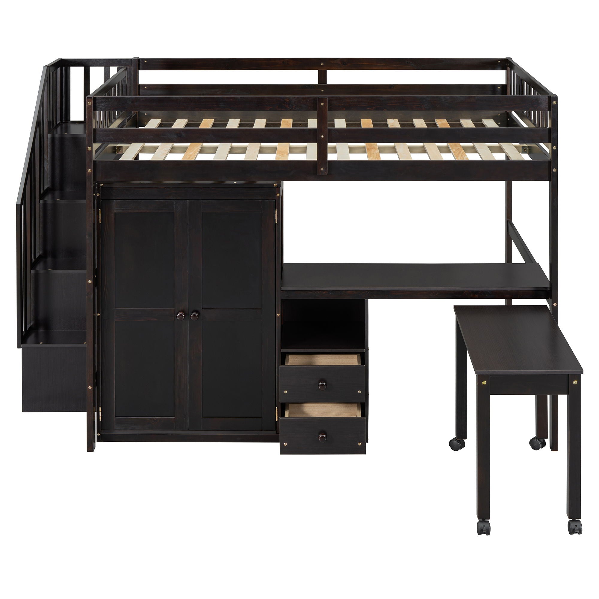 Loft Bed With Stairs, Bookshelf, Drawers, Desk & Wardrobe, Space Saving Multifunctional Furniture