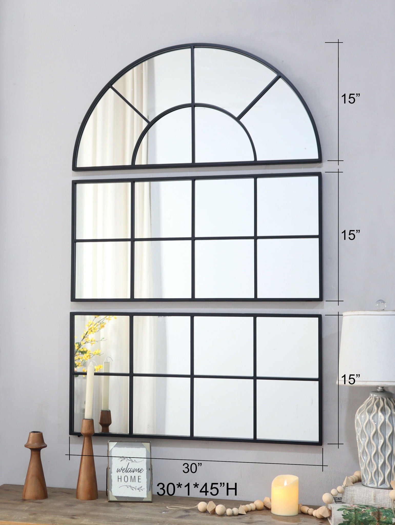 Large Arched Wall Mirror With 3 Separate Sections - Black
