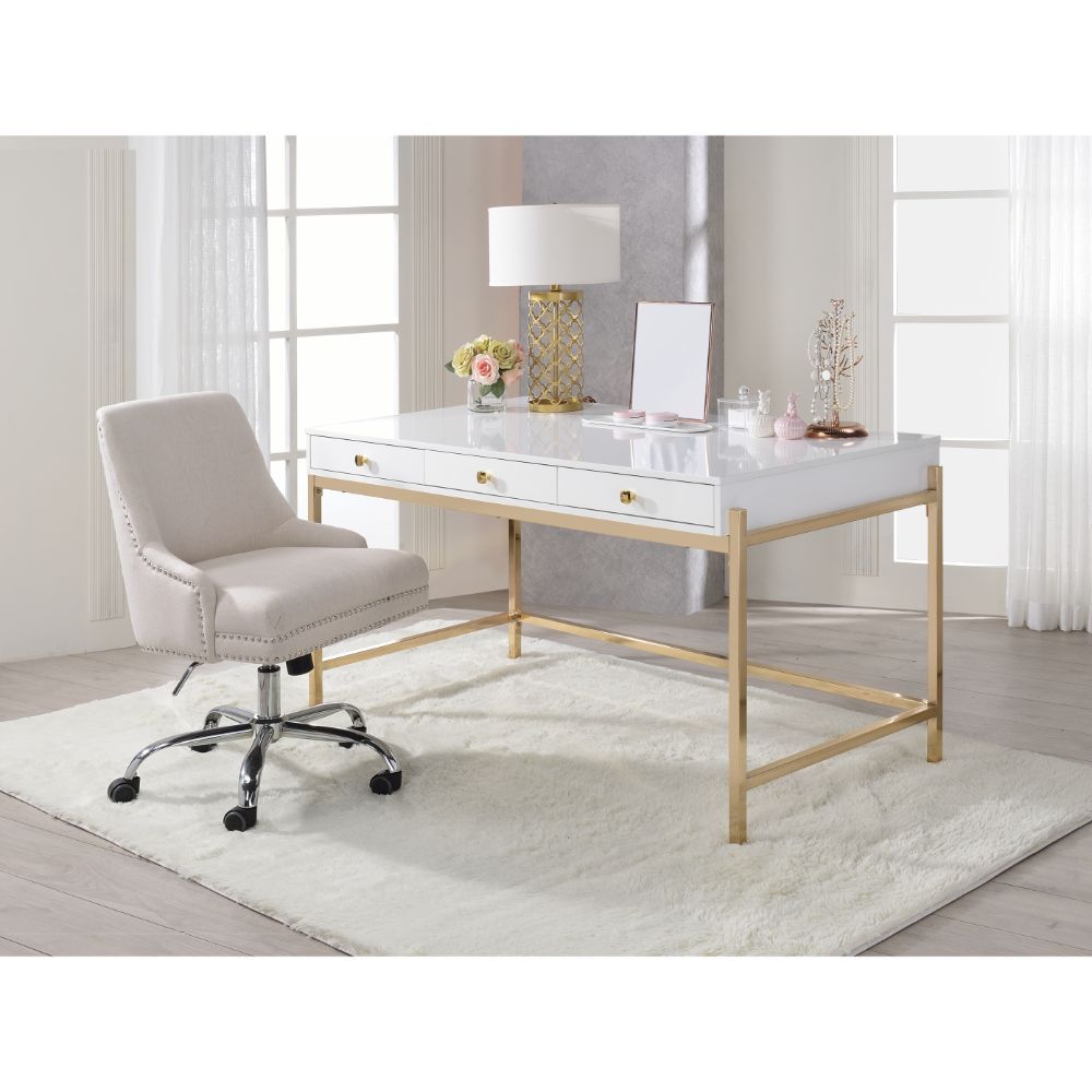ACME Ottey - Desk - White High Gloss & Gold - 31" | Meri Furniture