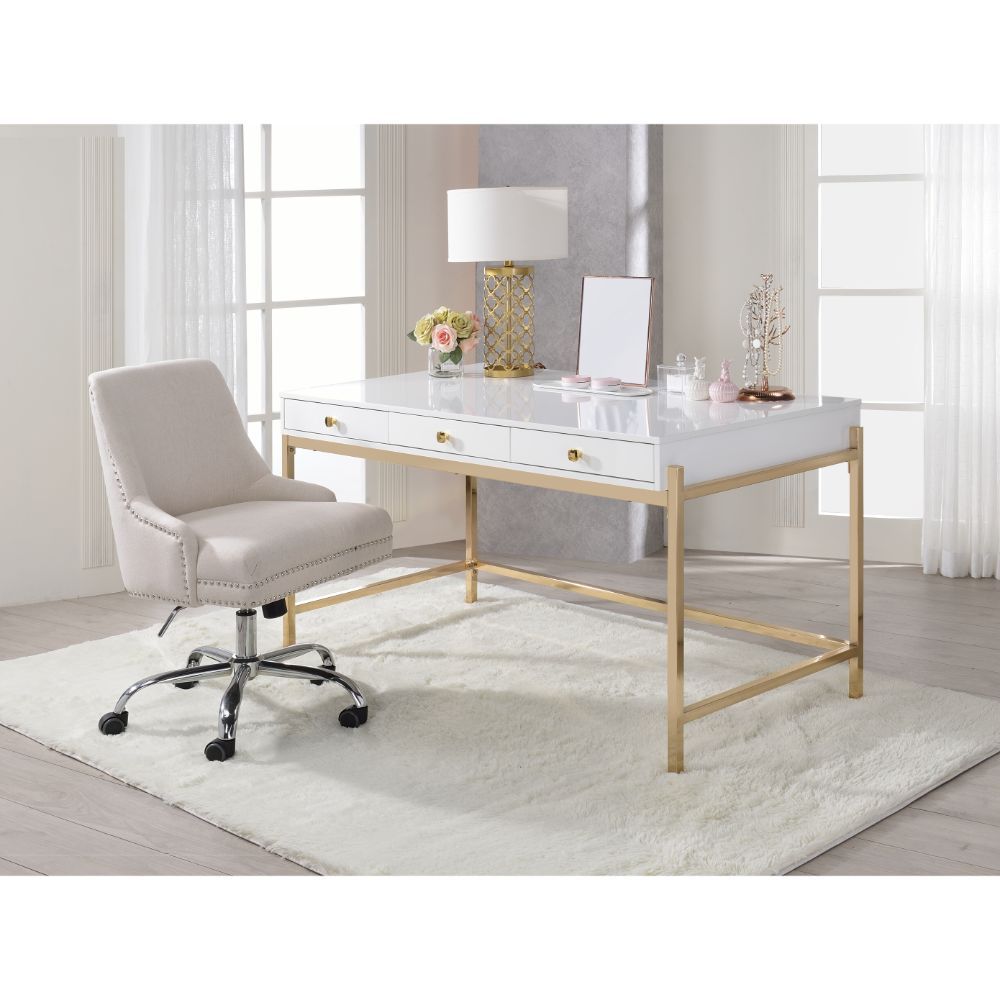 Ottey - Desk - White High Gloss & Gold - 31"