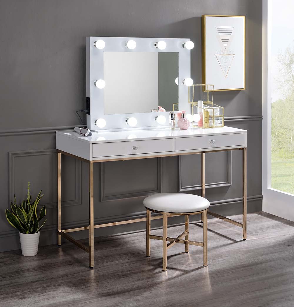 ACME Ottey - Vanity Desk - White High Gloss & Gold Finish | Meri Furniture